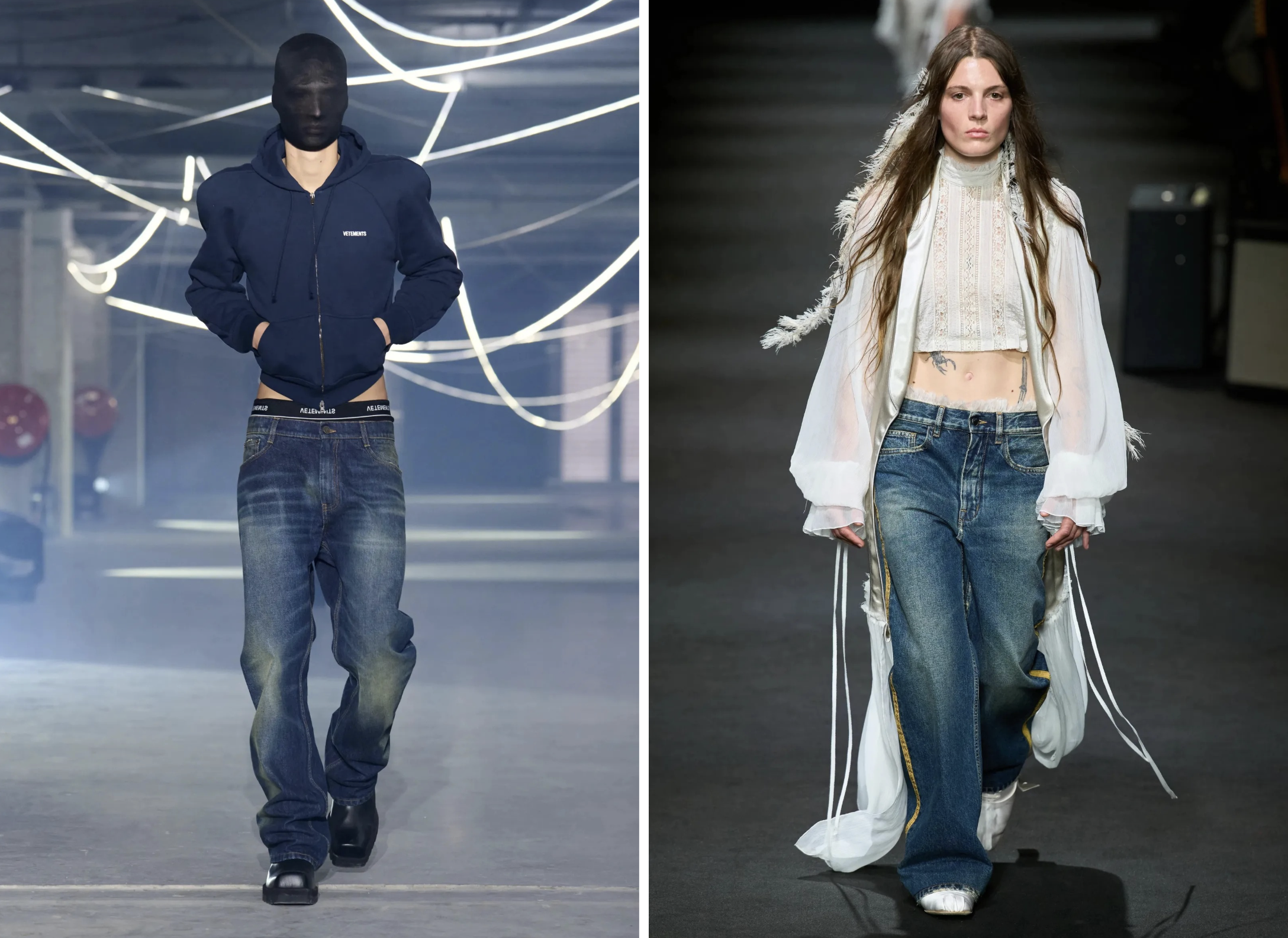 Vetements herfst/winter 2026 (links) en Ann Demeulemeester herfst/winter 2026 allebei met bumsters en extreme low-rise jeans.