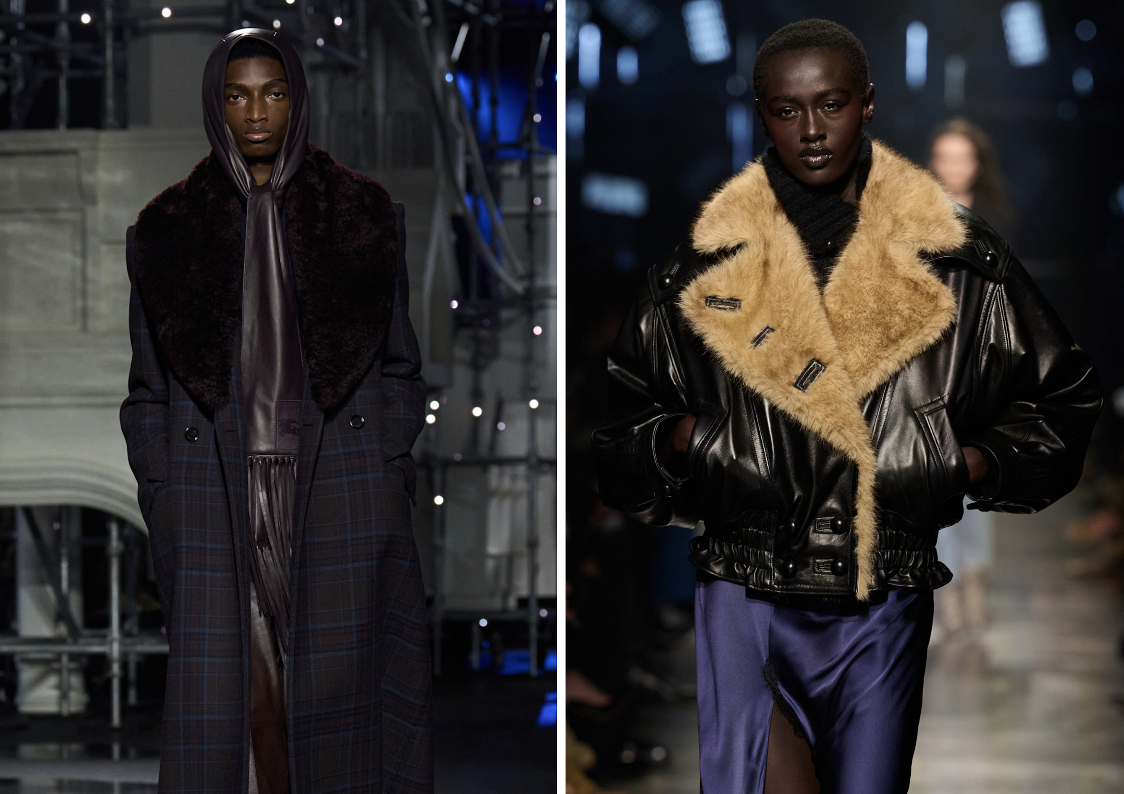 Faux fur-bontkraag op de herfst/winter 2026 catwalk van Burberry en Isabel Marant