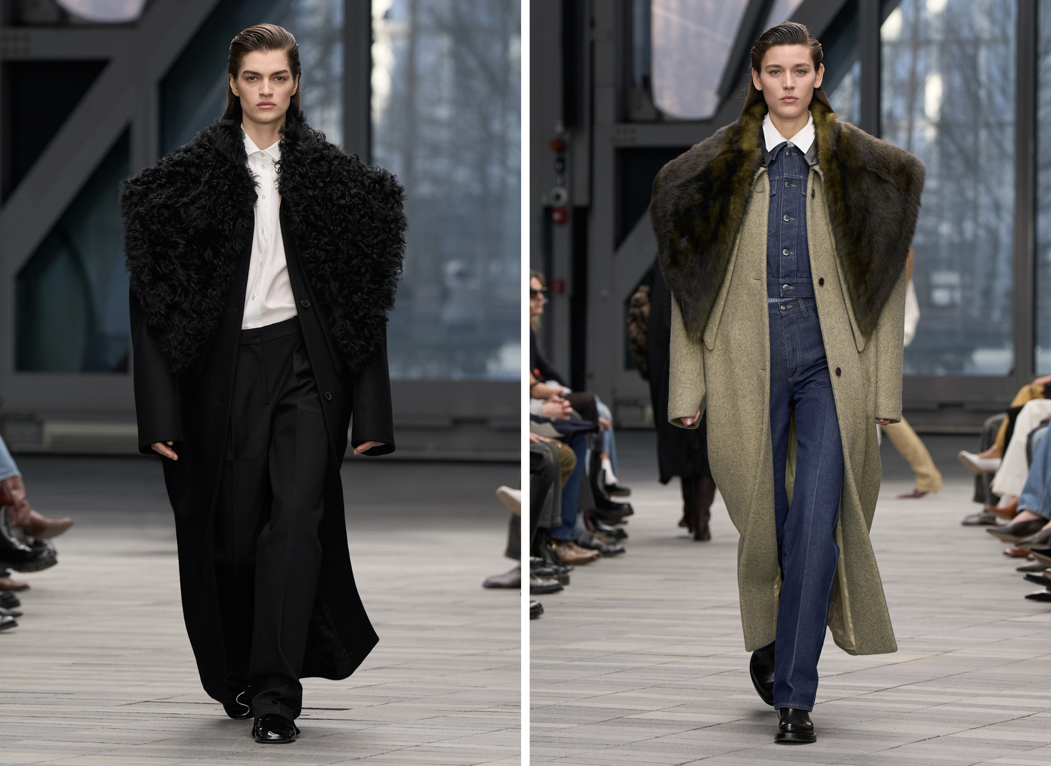 Faux fur-bontkraag op de herfst/winter 2026 catwalk van Calvin Klein