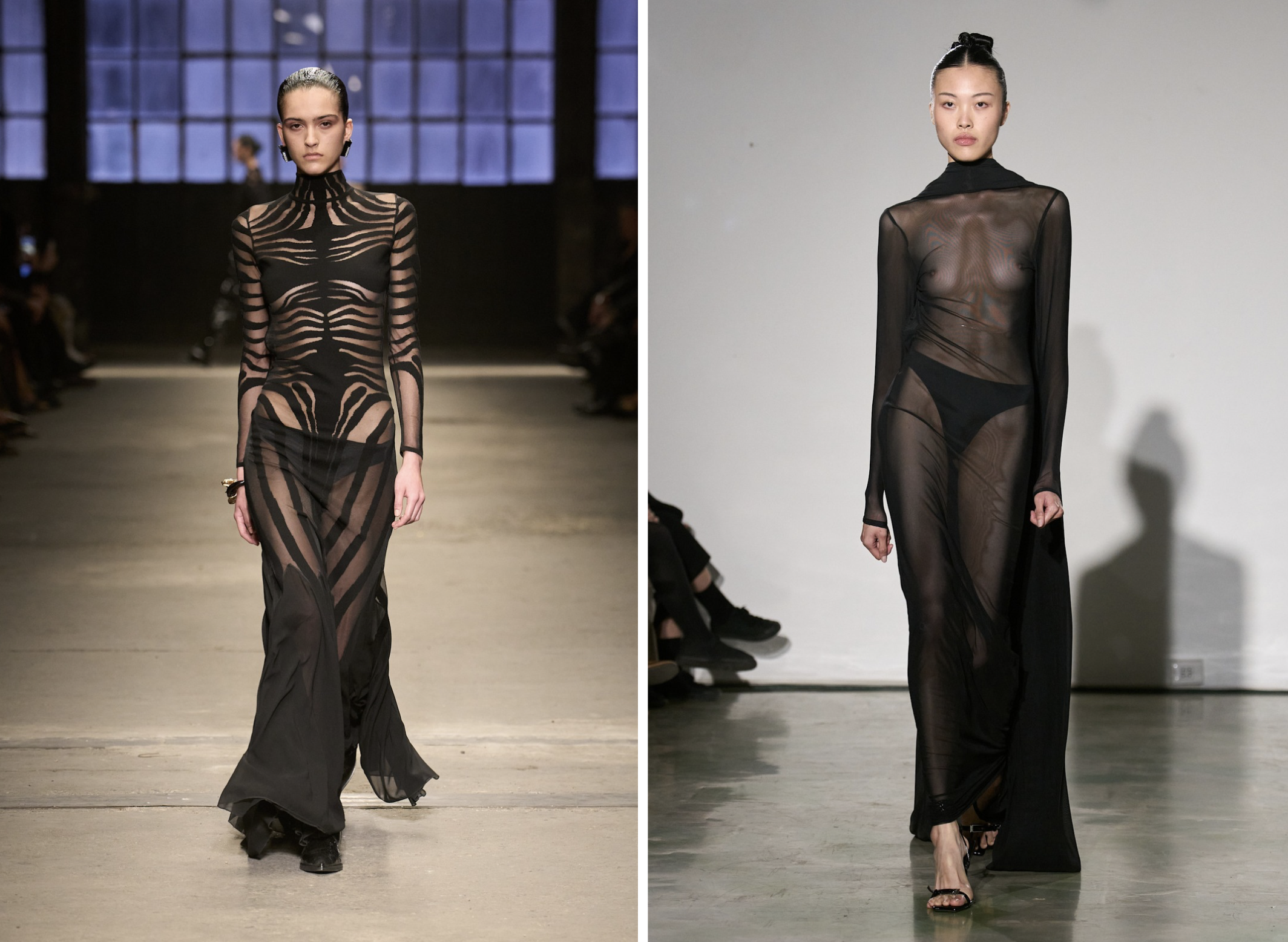 Roberto Cavalli herfst/winter 2026 (links) en Max Zara Sterck herfst/winter 2026 als voorbeelden van boudoir dressing