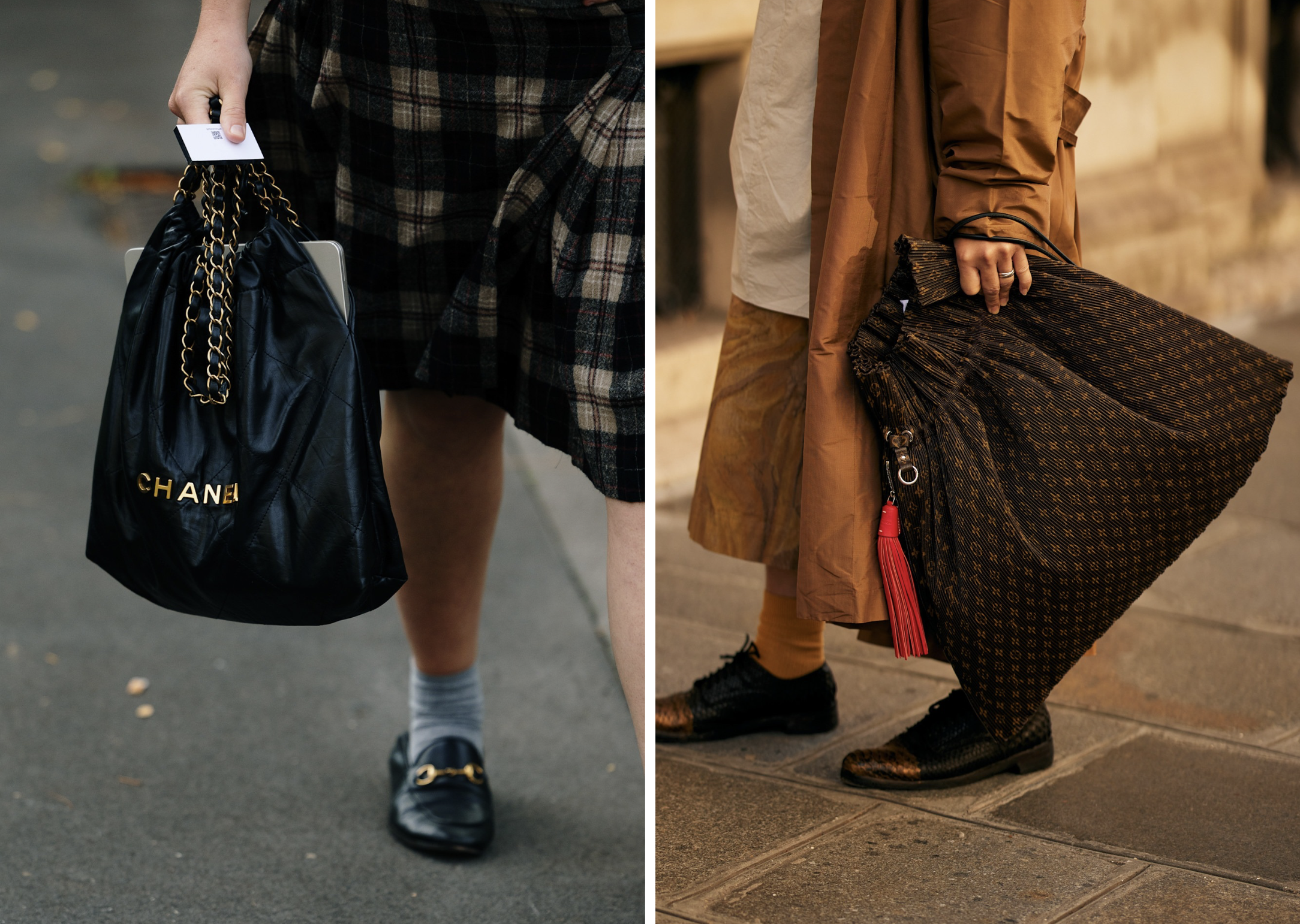 Chanel en Louis Vuitton drawstring tassen in de streestyle 