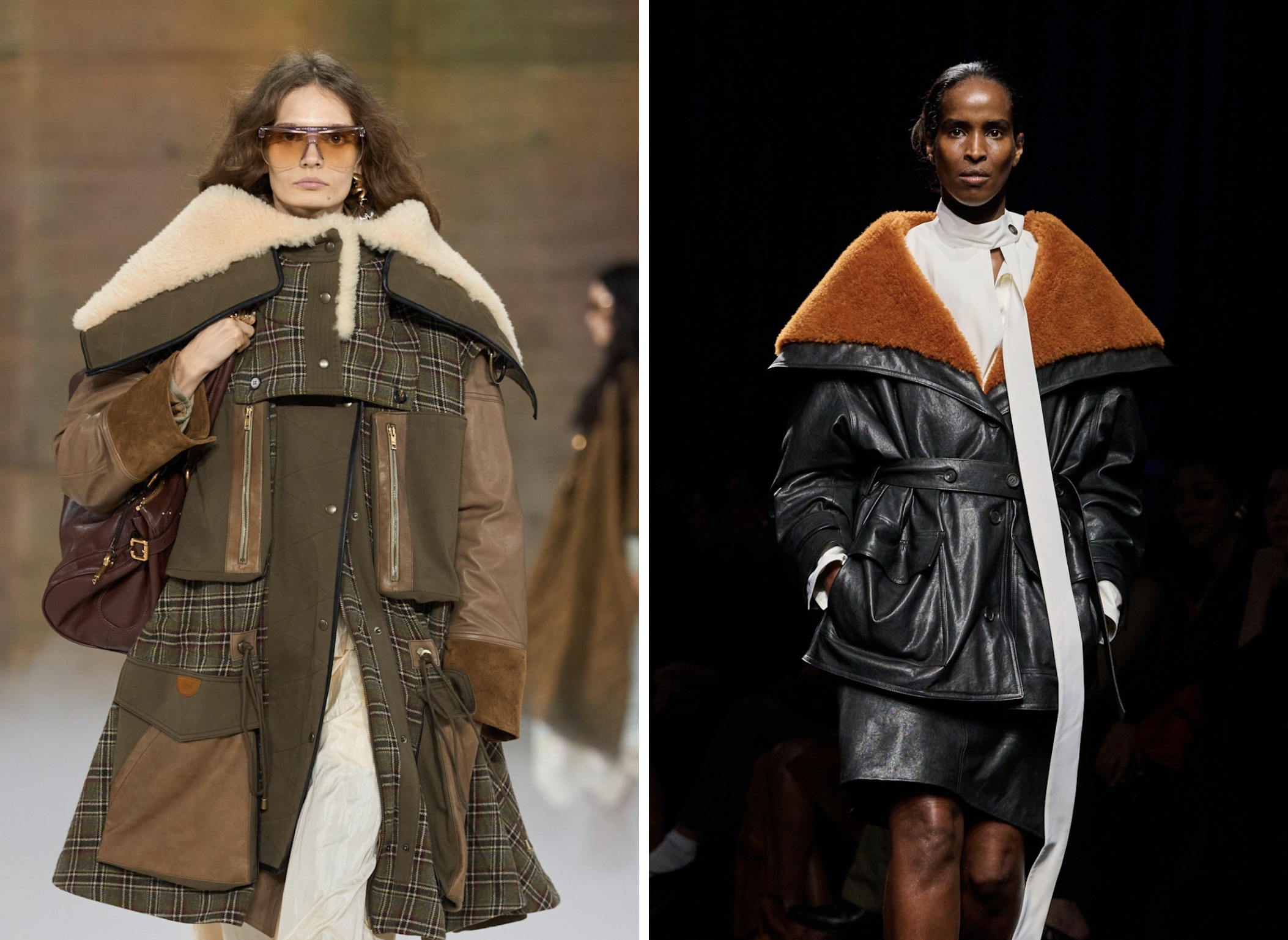 Faux fur-bontkraag op de herfst/winter 2026 catwalk van Chloé en Ferragamo