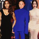 Een collage van celebrities die looks dragen van opkomende ontwerpers op de rode loper