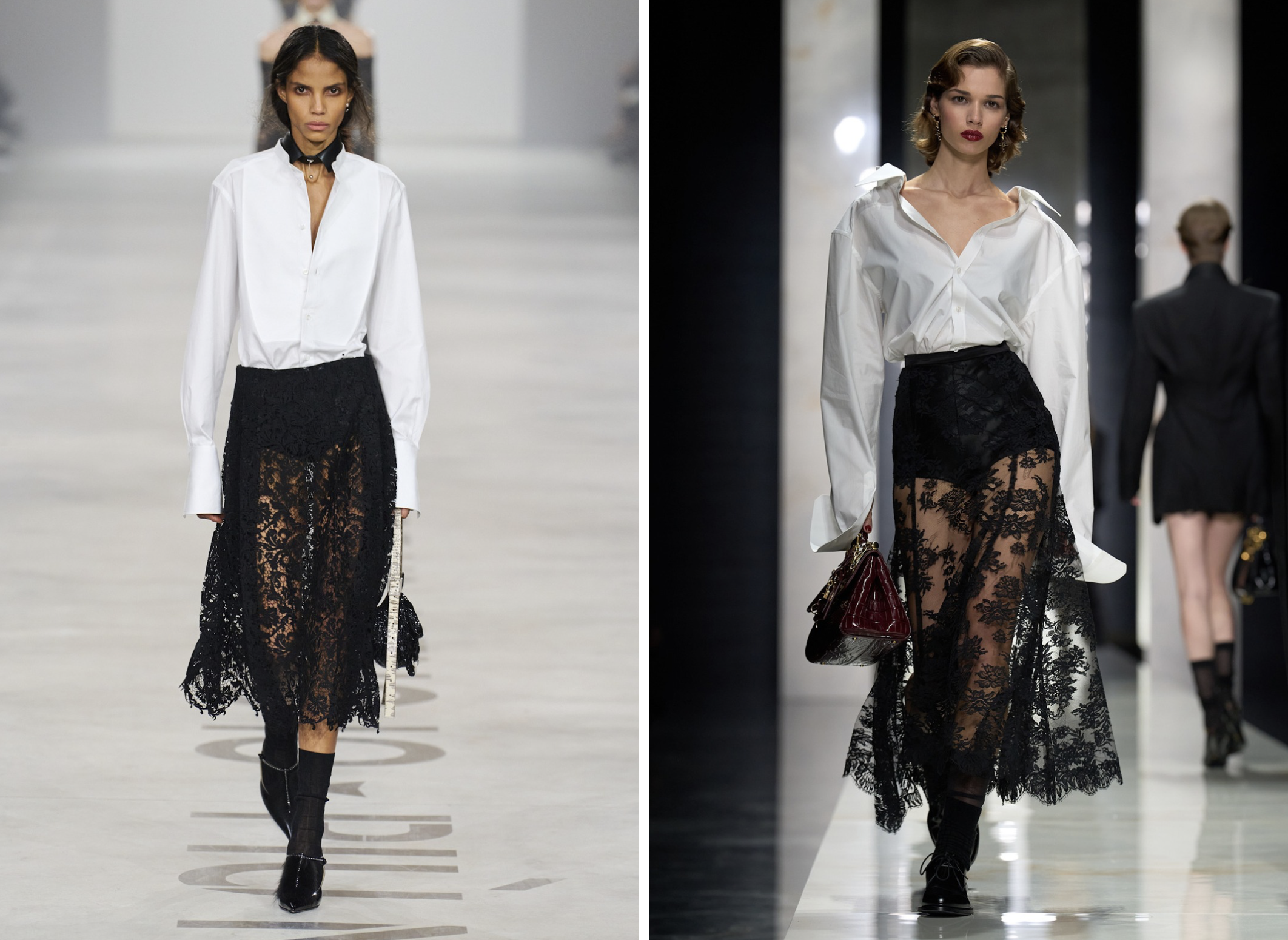 Een vergelijking van Fendi herfst/winter 2026 (links) en Dolce& Gabbana herfst/winter 2026