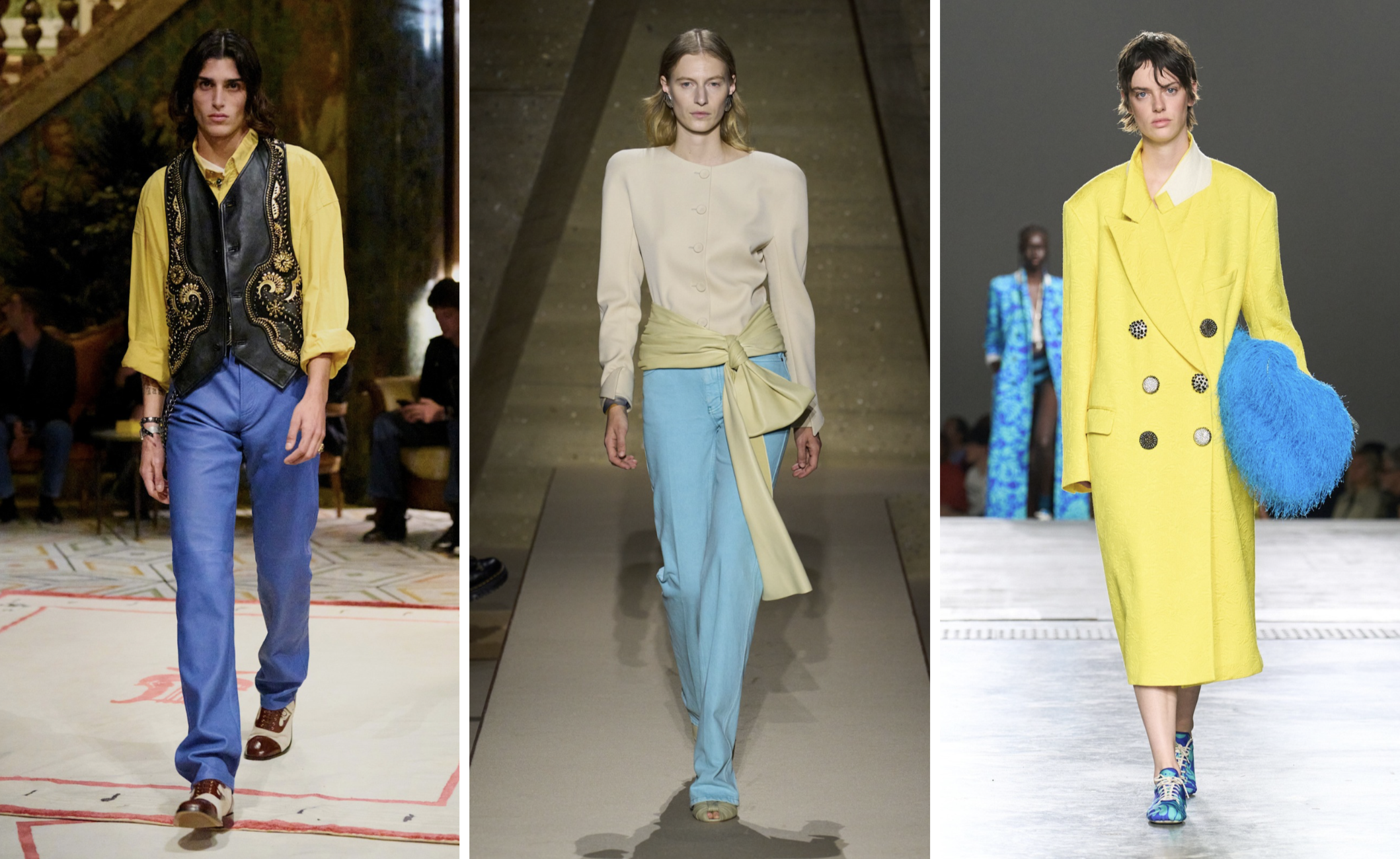 Geel en blauw bij de lente/zomer 2026-collecties van Versace, Chloé en Dries van Noten