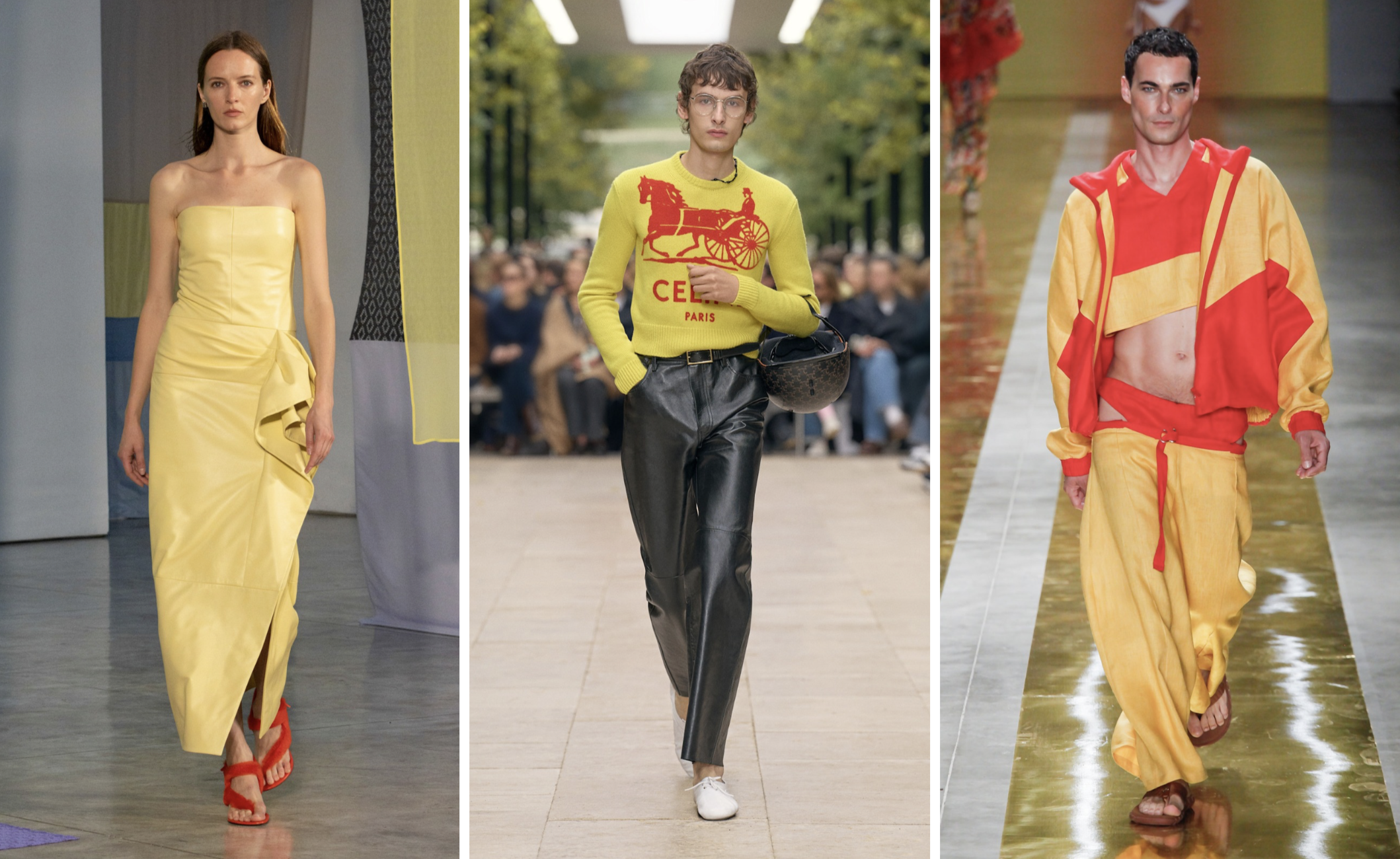 Primaire kleuren: geel met rood in de lente/zomer 2026-collecties van Proenza Schouler, Celine en Slama