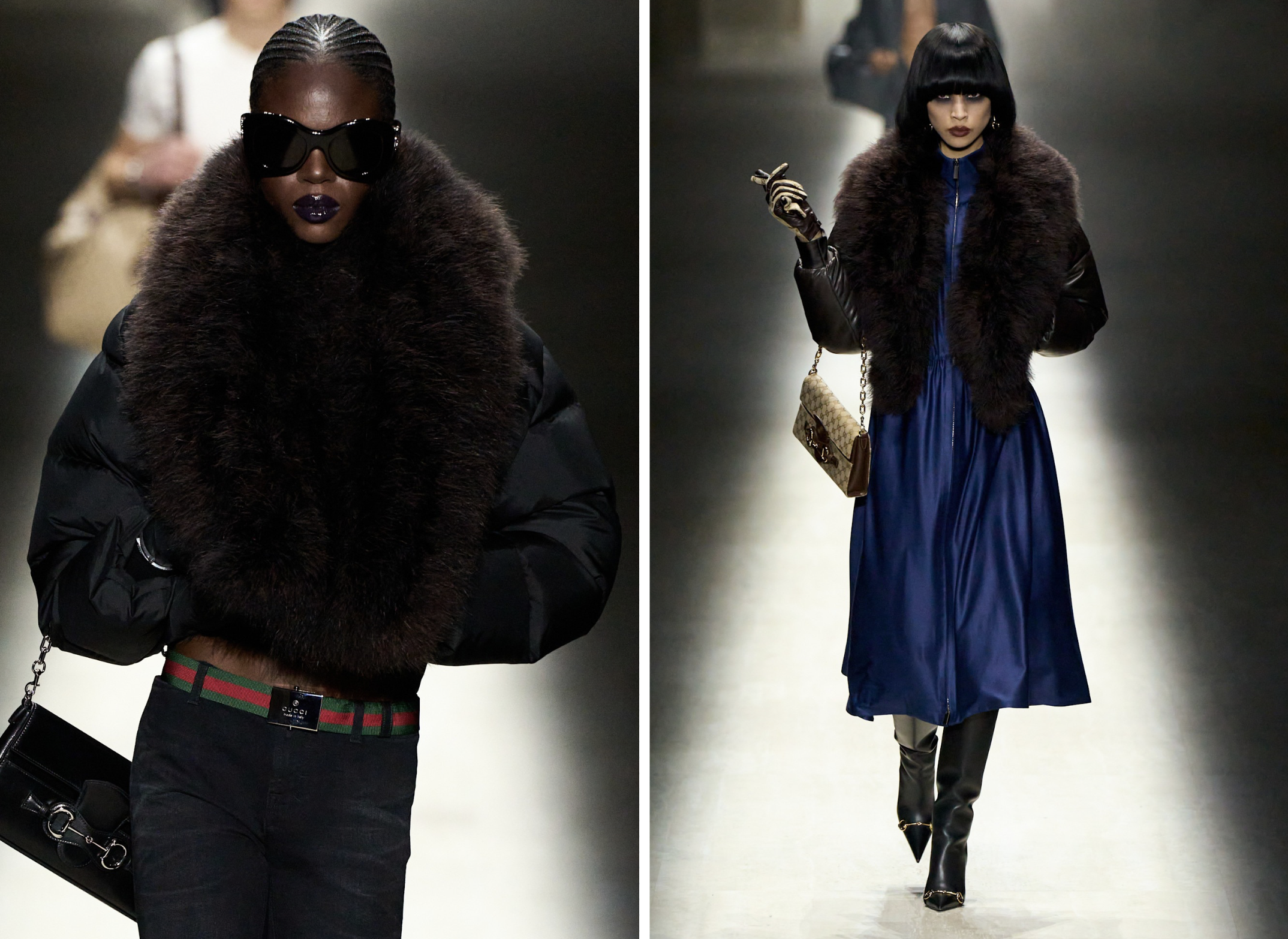 Faux fur-bontkraag op de herfst/winter 2026 catwalk van Gucci