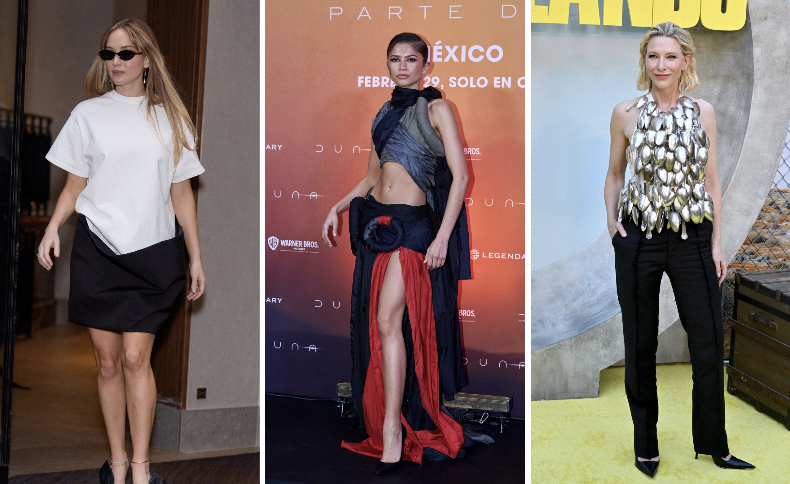 (links naar rechts) Jennifer Lawrence in Lii, Zendaya in Torishéju, Cate Blanchett in Hodakova