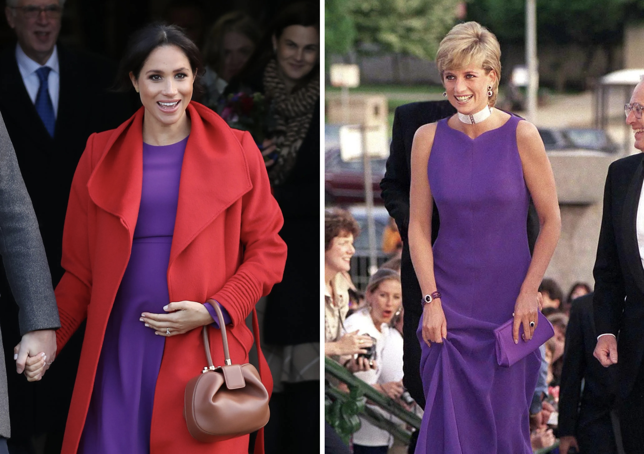 Meghan Markle en Diana in een paarse jurk