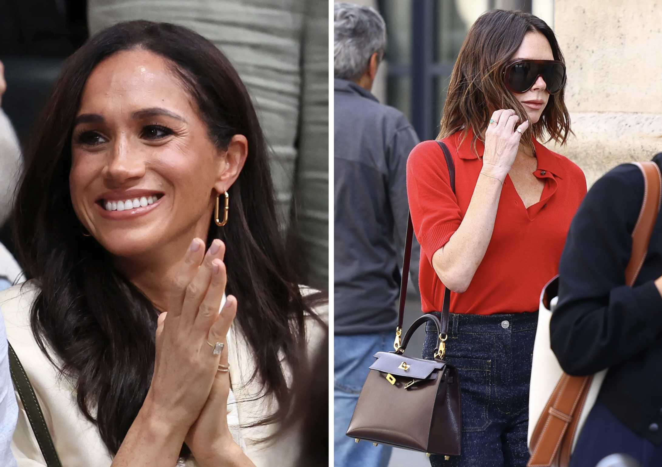 Meghan Markle bij de 2023 Invictus Games, en Victoria Beckham in Parijs in juni 2025
