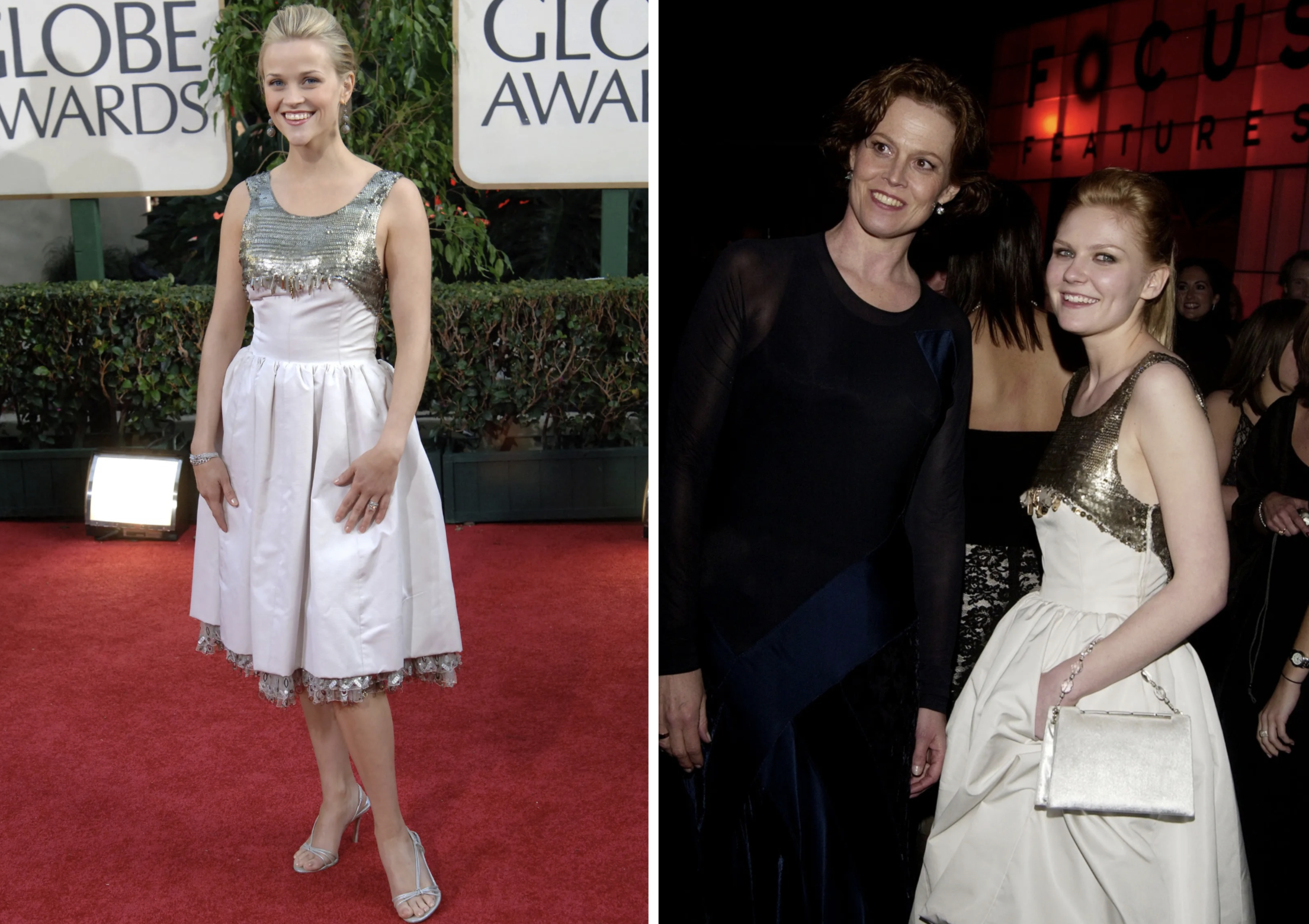Reese Witherspoon en Kirsten Dunst in dezelfde outfit naar de Golden Globes 2003 en 2006