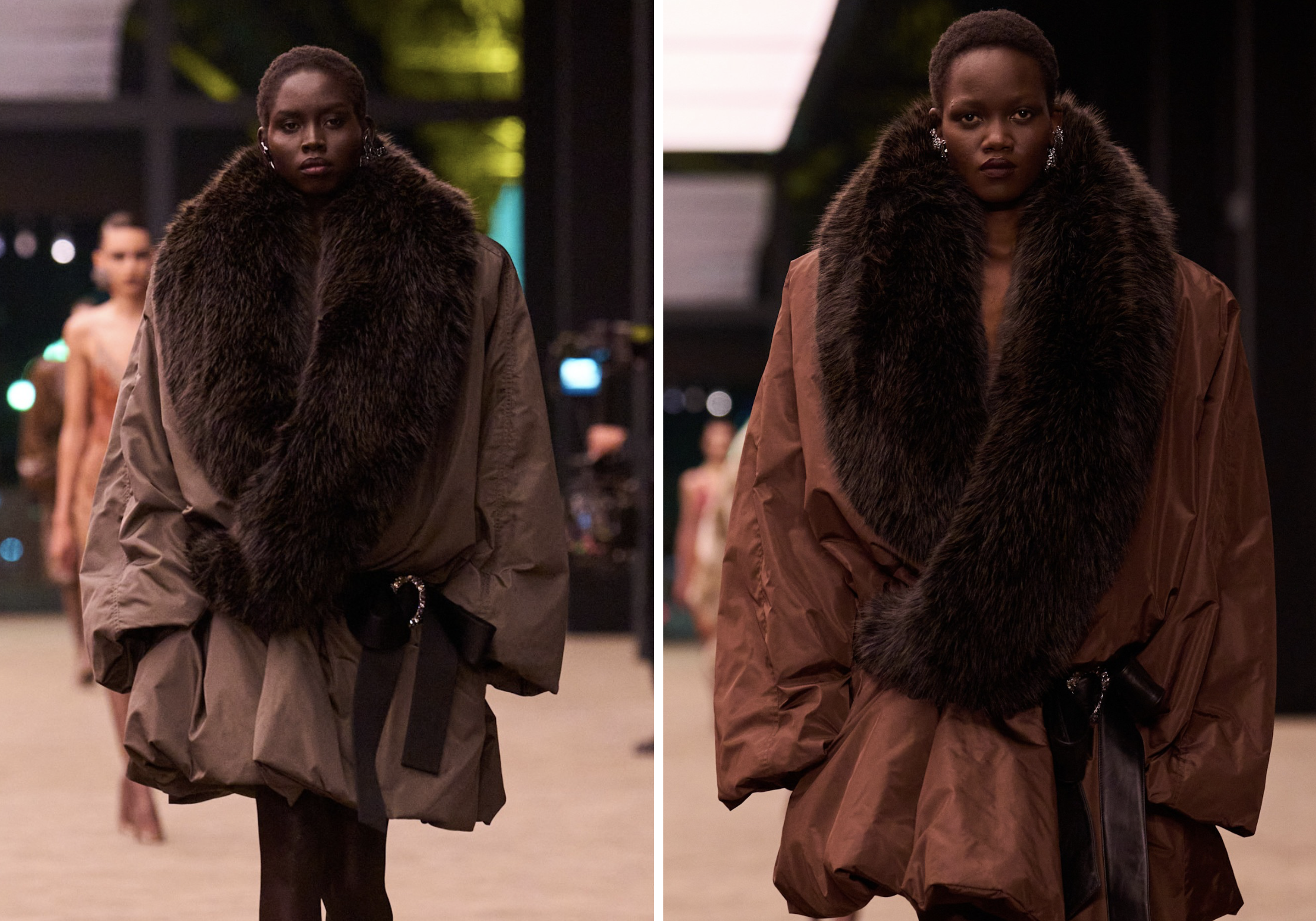 Faux fur-bontkraag op de herfst/winter 2026 catwalk van Saint Laurent