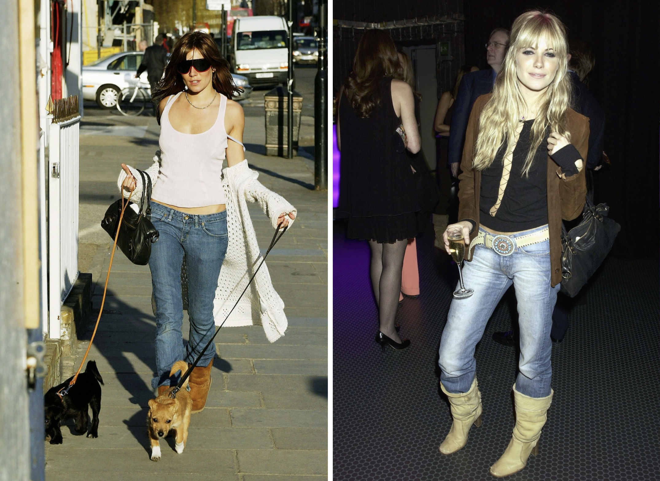 Sienna Miller draagt low-rise jeans in de jaren 90.