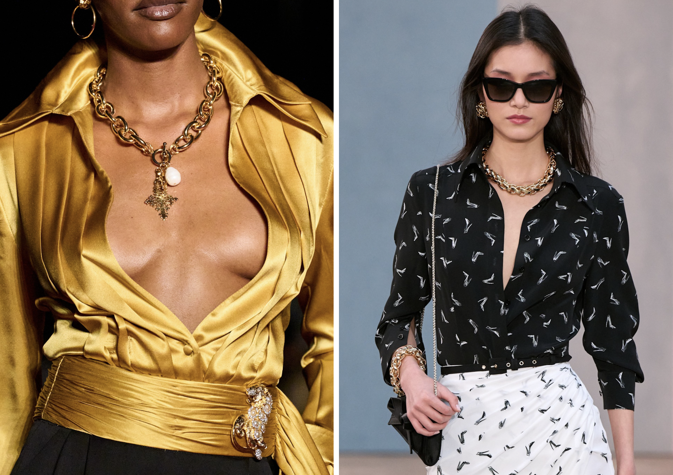 Chunky kettingen op de herfst/winter 2026 catwalks van Laquan Smith en Carolina Herrera