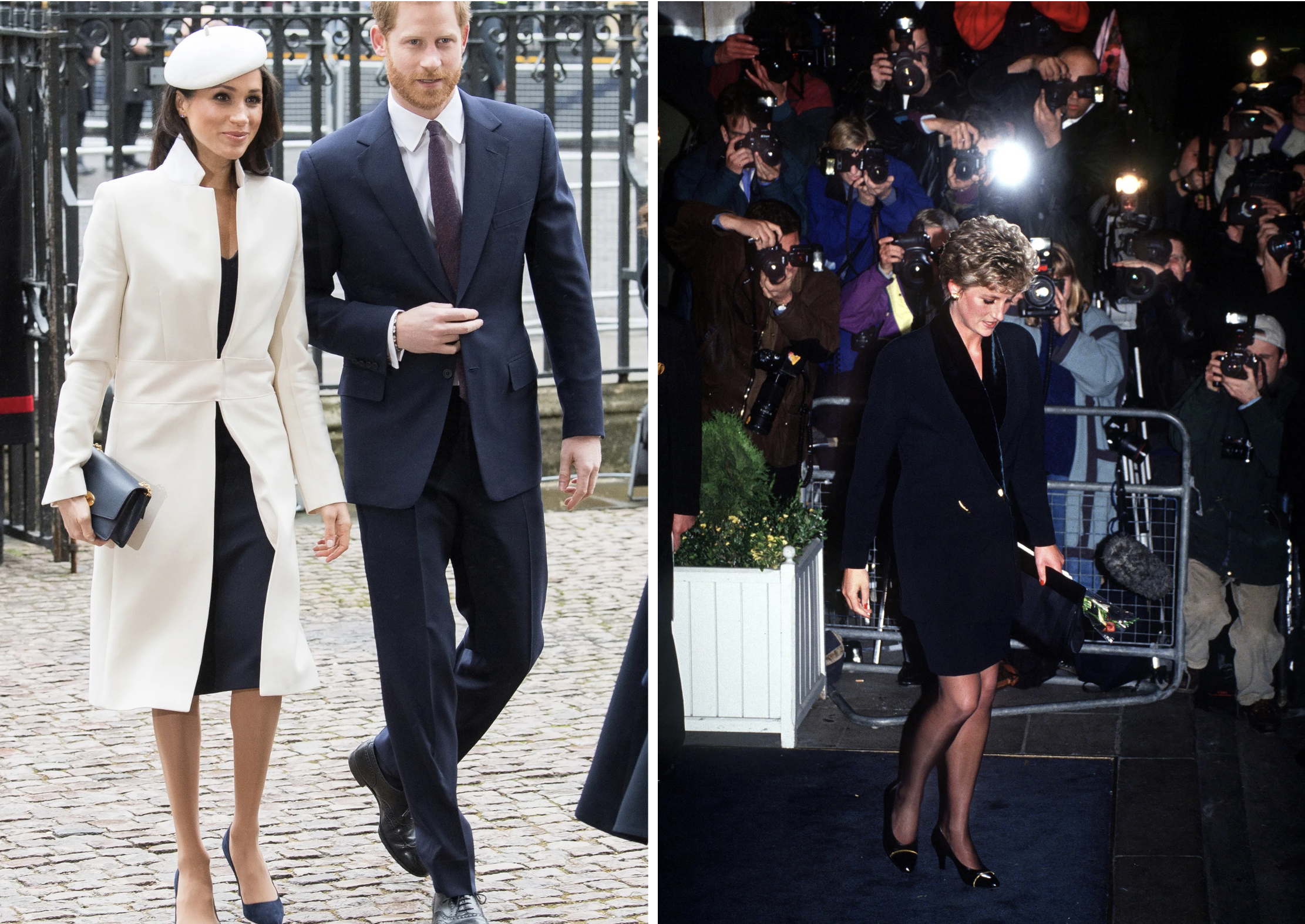 Meghan Markle en prinses Diana beiden in een Amanda Wakely look