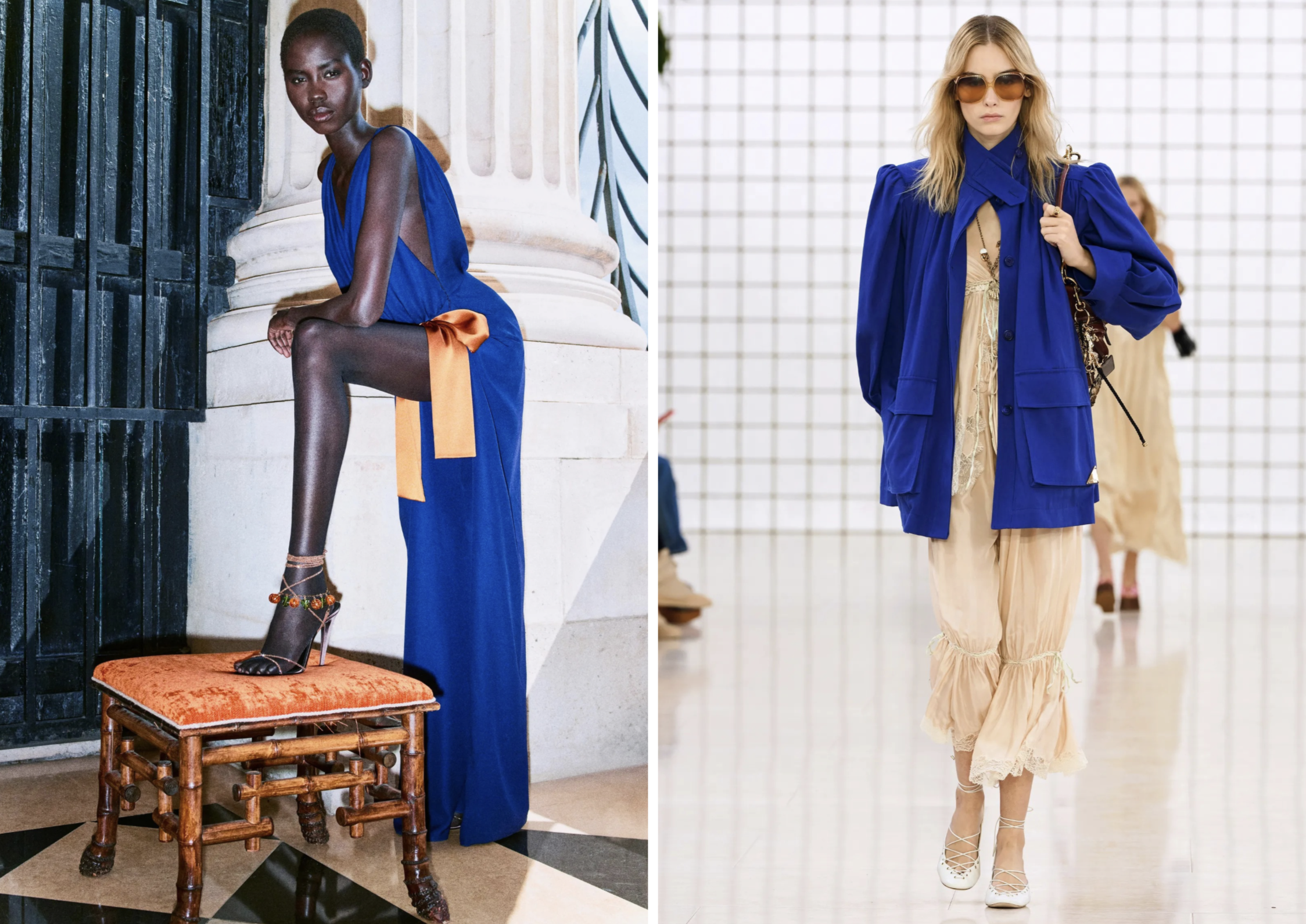 Kobaltblauwe looks bij Saint Laurent resort 2026 en Chloé lente/zomer 2025