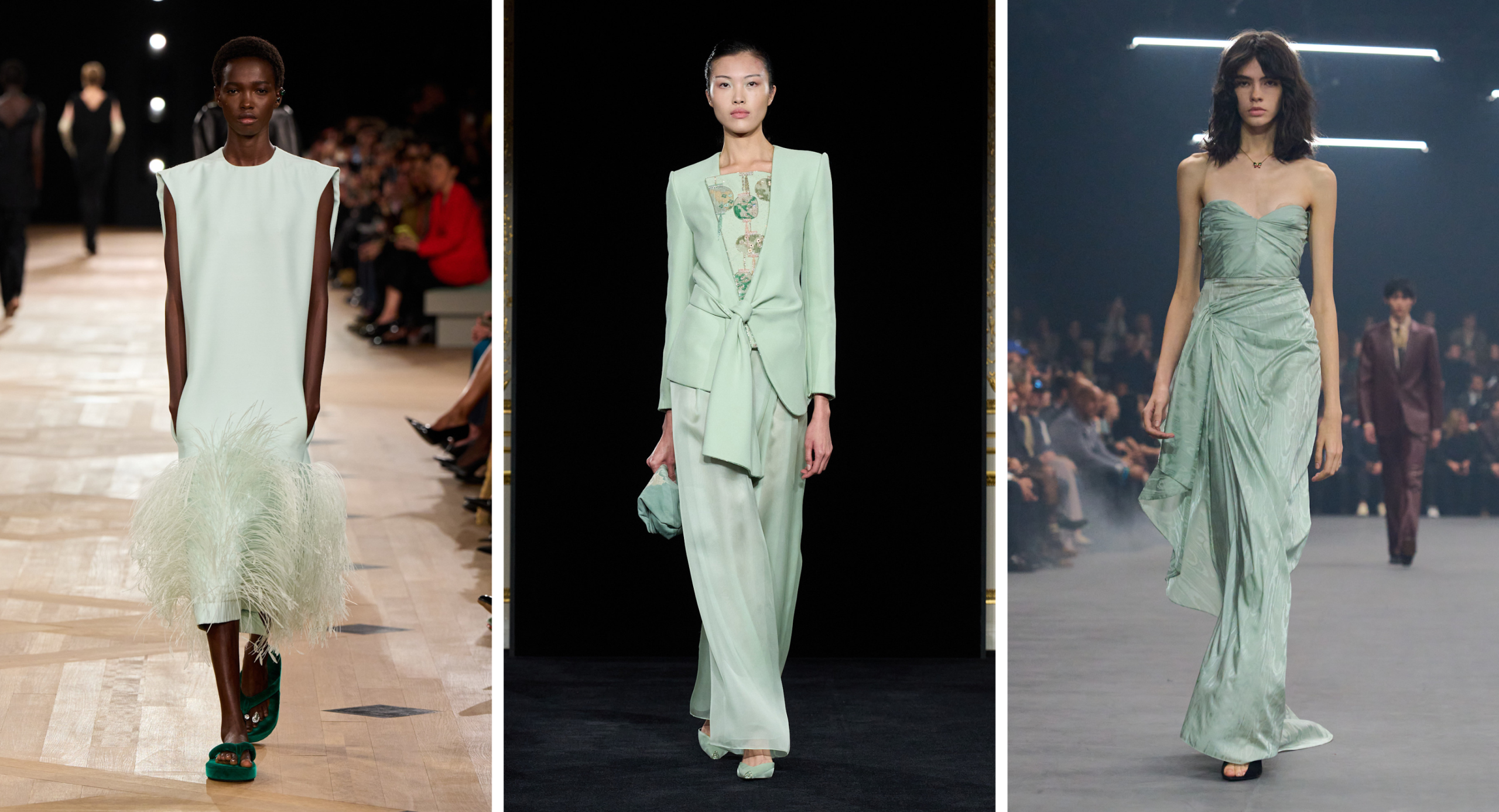 mintgroen op runways van balenciaga, haute couture van Armani Prive en valentino