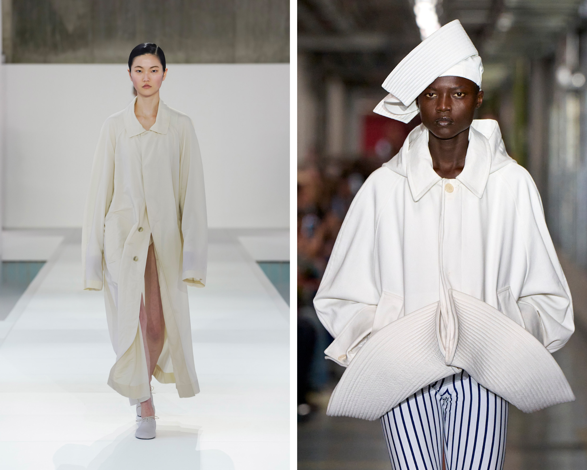 Witte jassen op runways van cos en gaultier