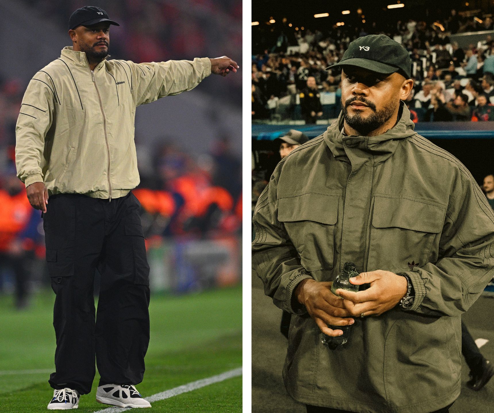 Vincent Kompany draagt Adidas-sportjacks naast de zijlijn van Bayern München tegen Real Madrid