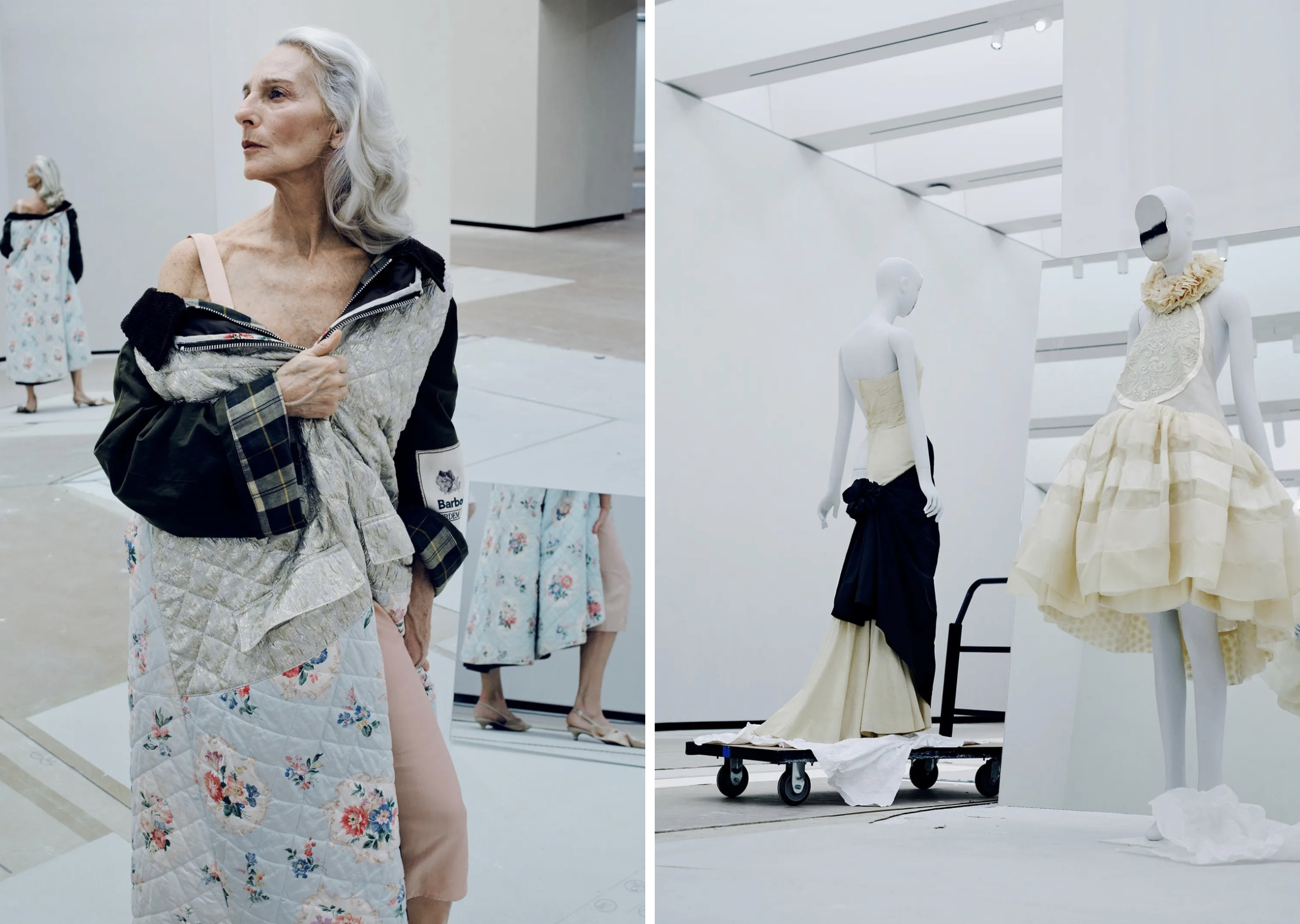 Model Elisabetta Dessy in een Erdem x Barbour-mantel (links) en een Charles James muslin-jurk uit 1947 naast Nicolas Ghesquière’s 2006 werk for Balenciaga