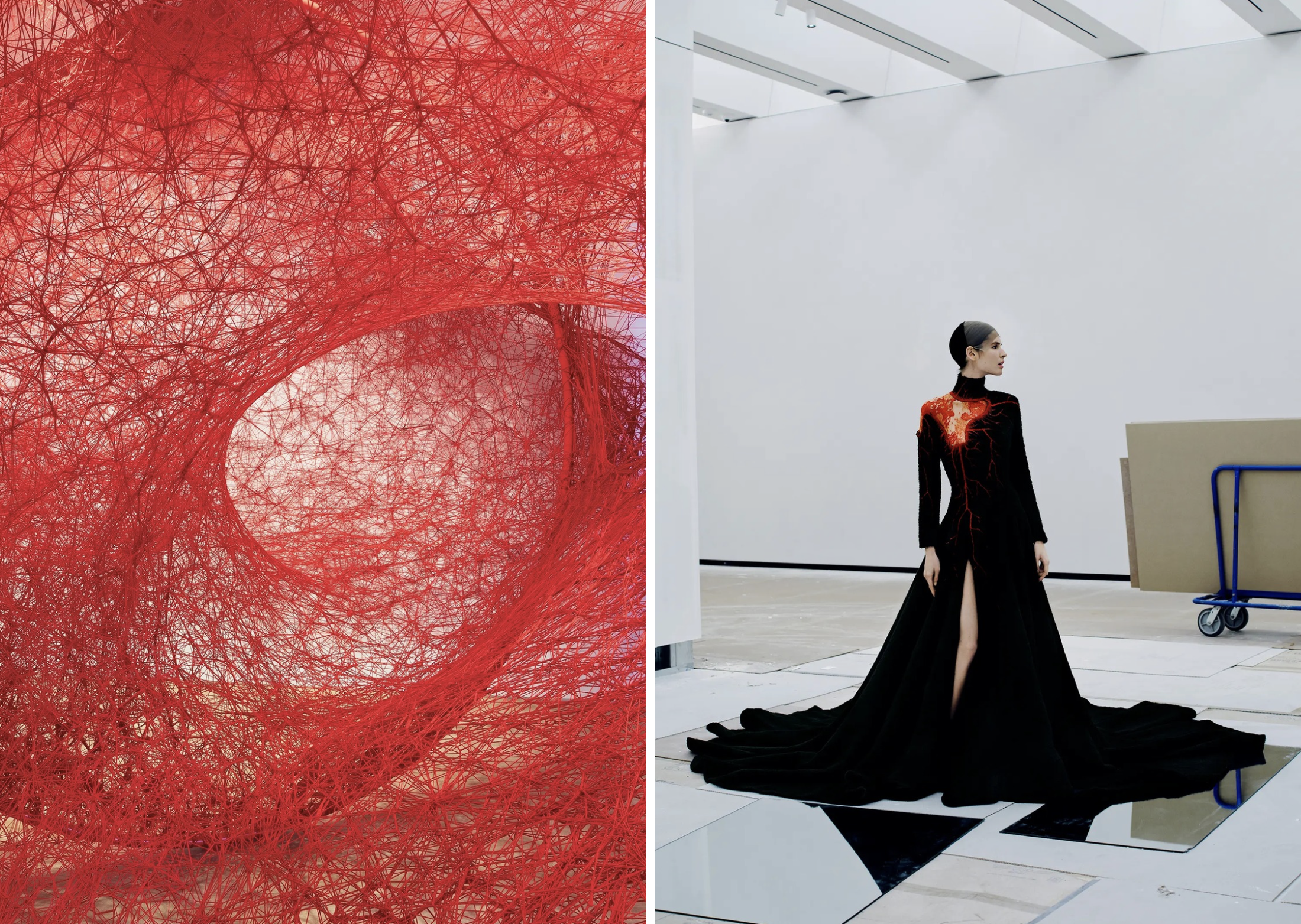 Chiharu Shiota’s 2024 werk 'In Circles' (links) naast een Olivier Theyskens-jurk, gedragen door model Libby Taverner voor de 'Costume Art' tentoonstelling