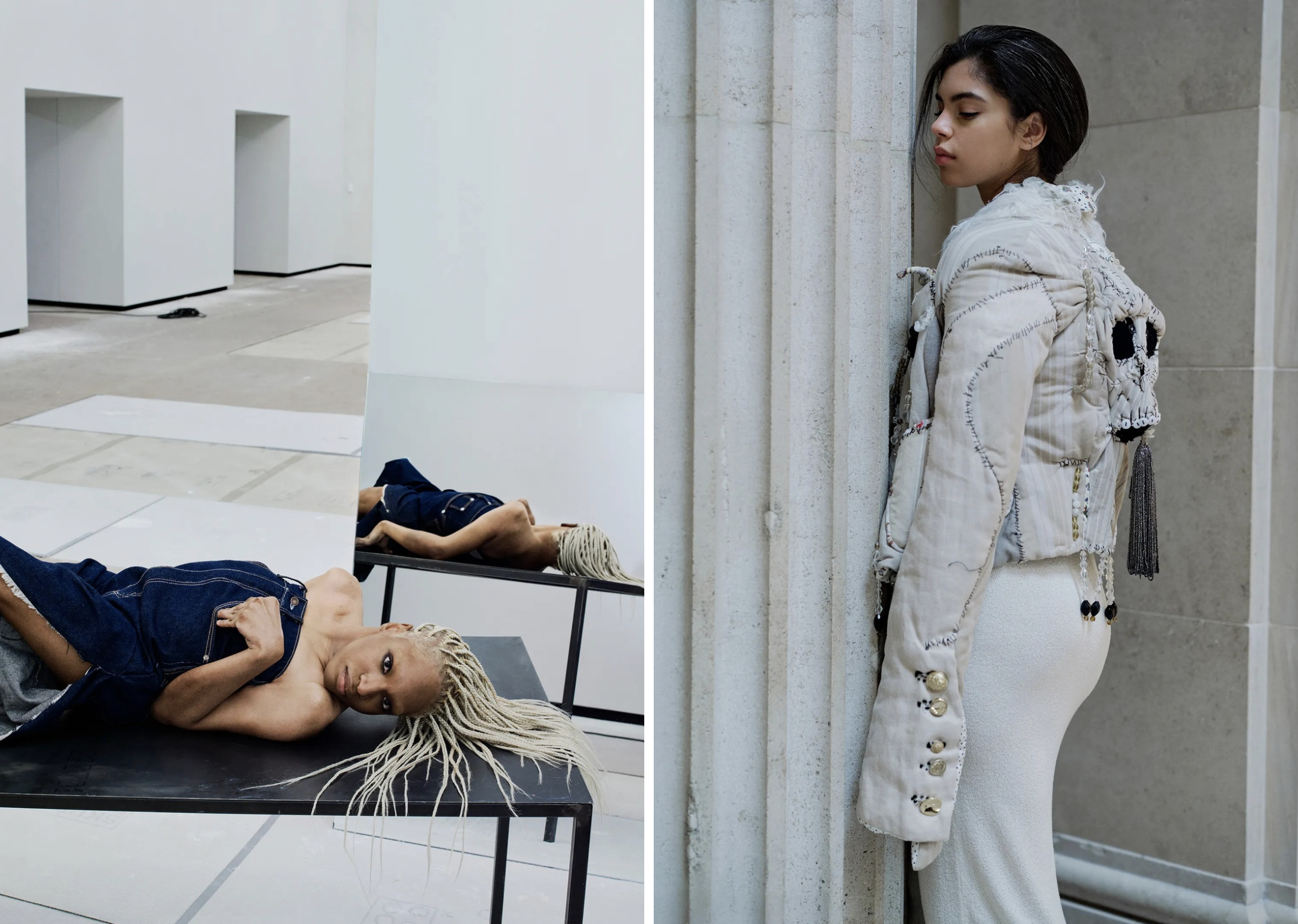 Model and artiest Aariana Rose Philip, met tetraplegie door hersenverlamming, draagt Linderoths Lou Dehrot strapless jumpsuit (links) naast Model Emeline Hoareau’s 'Undercover jacket' , voor de 'Costume Art' tentoonstelling