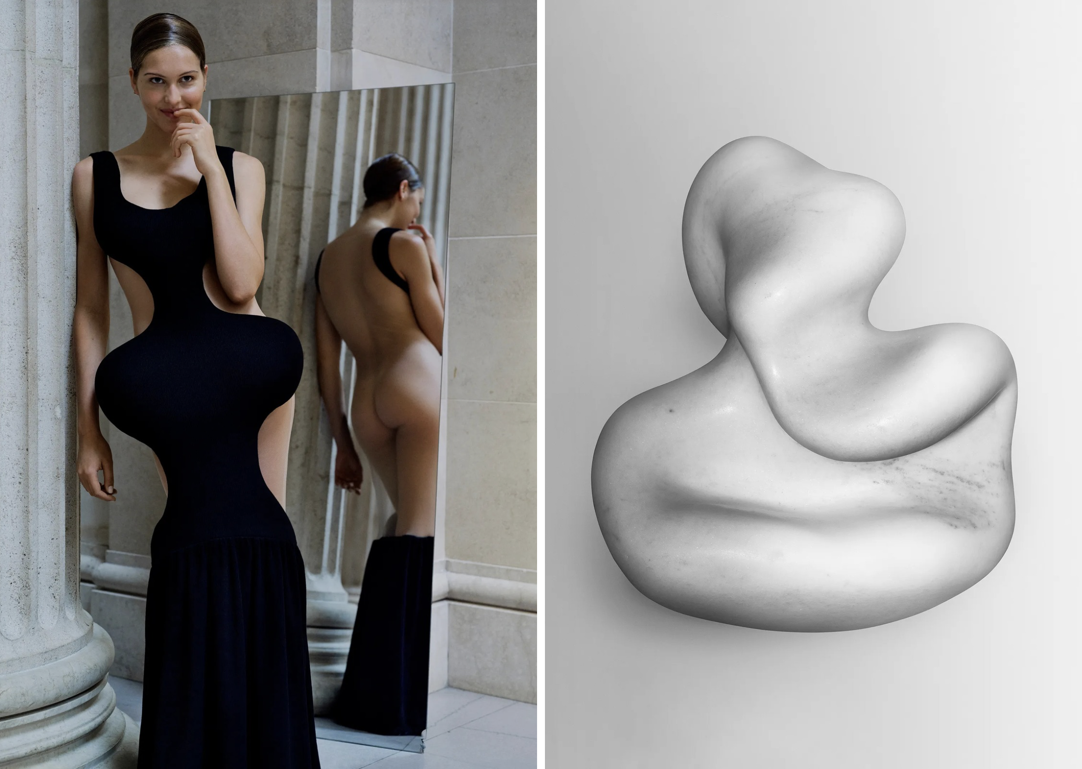 Model Angelina Kendall in een Duran Lantink-jurk (links) en Jean Arps 'Configuration in Serpentine Movements I' (1950)