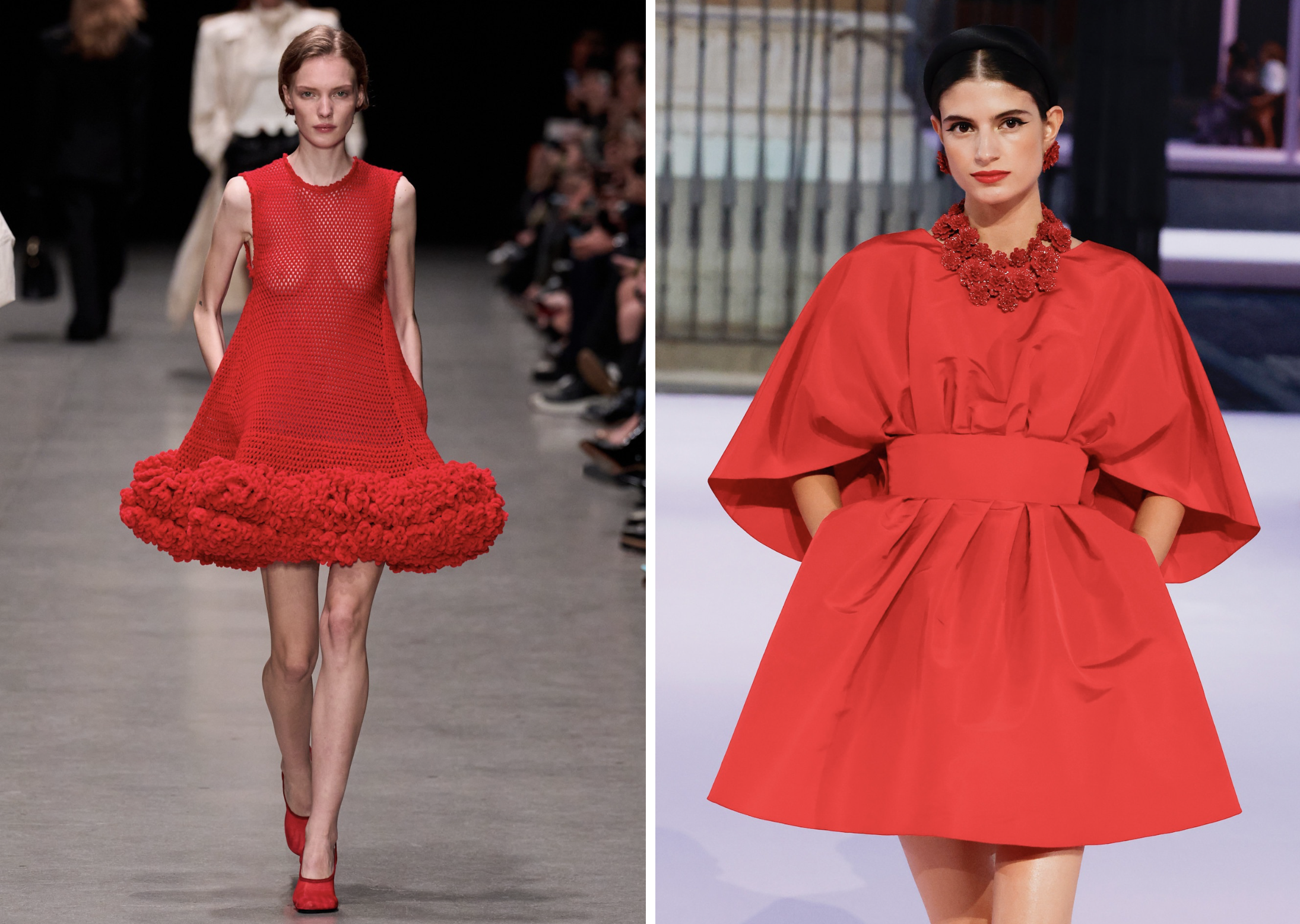 Rode jurk bij Stella McCartney en Carolina Herrera lente/zomer 2026