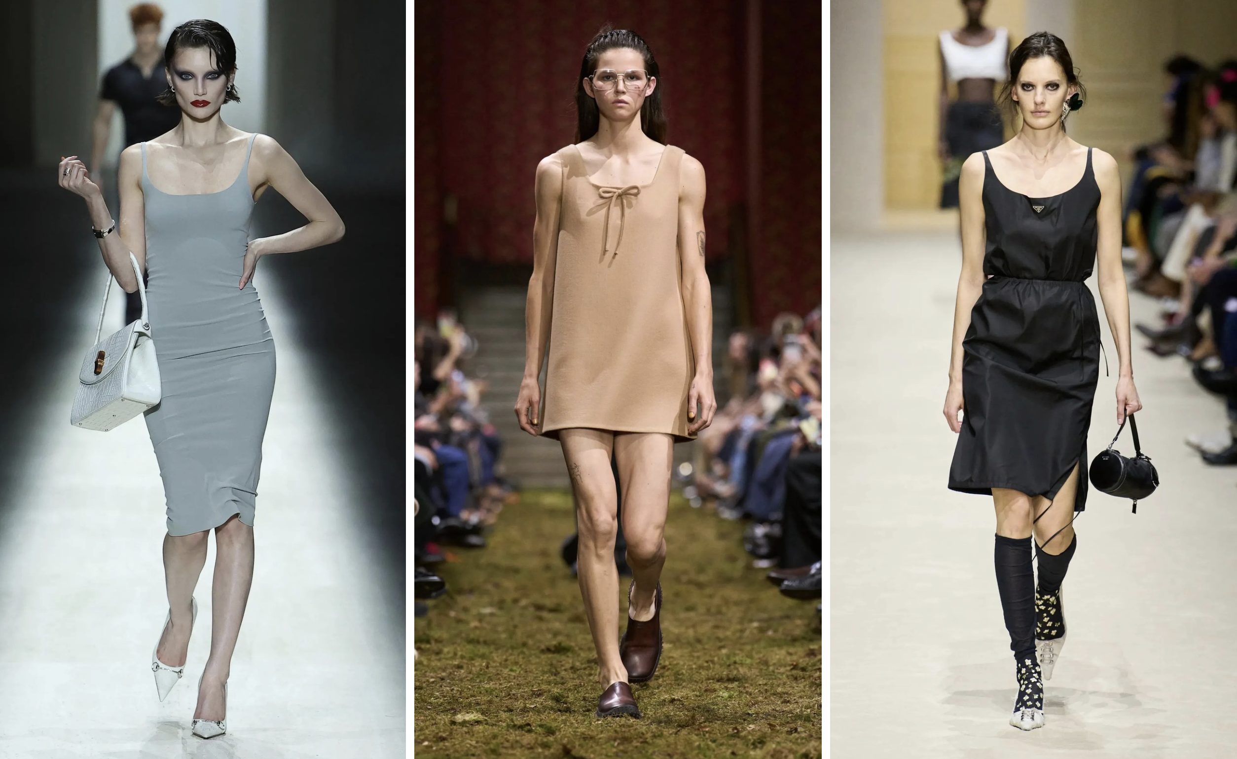 De midi-slipjurk op de herfst/wintercatwalks van 2026: Gucci, Miu Miu, Prada