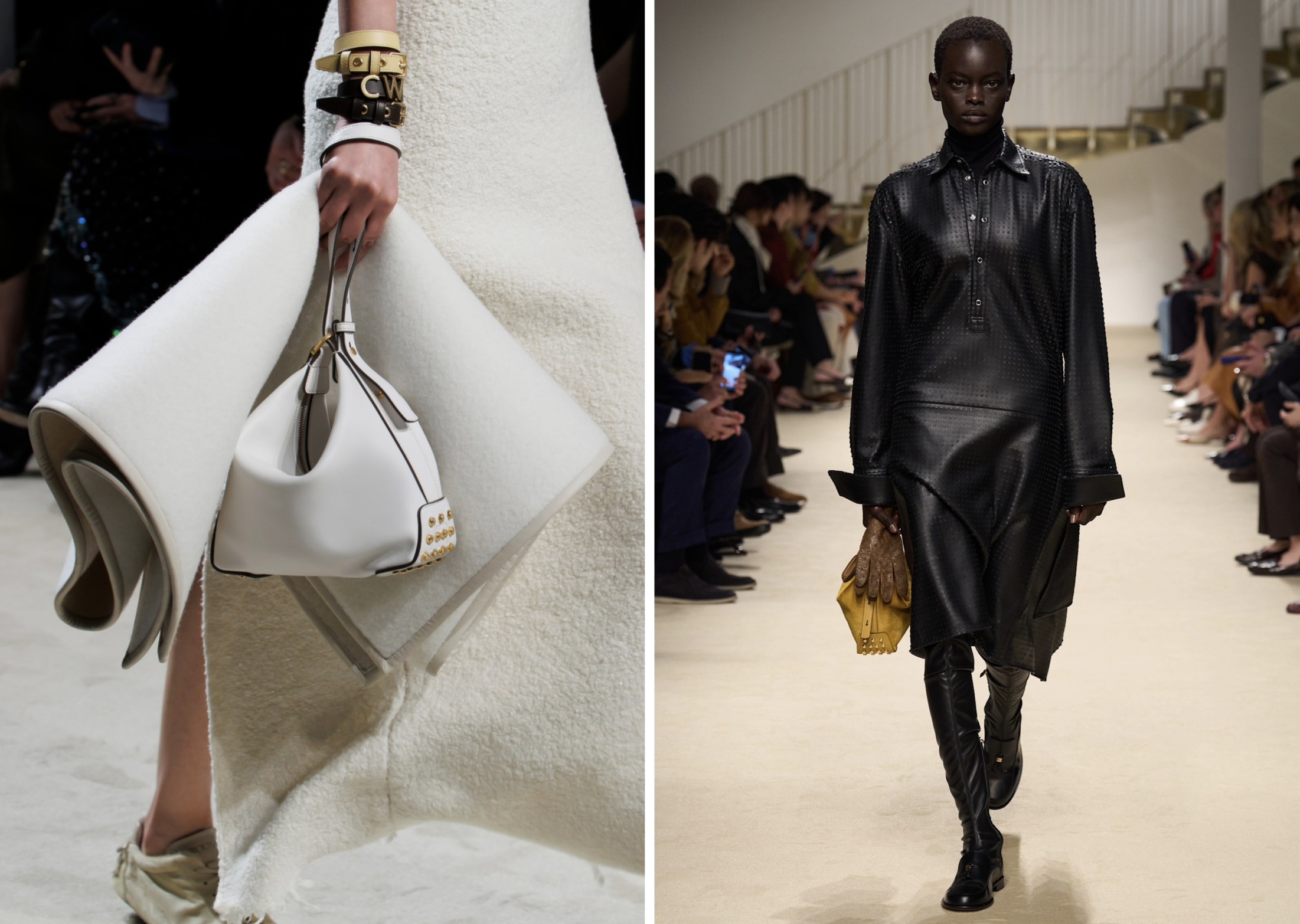 Tod's op de herfst/winter 2026-catwalk met een tas met studs