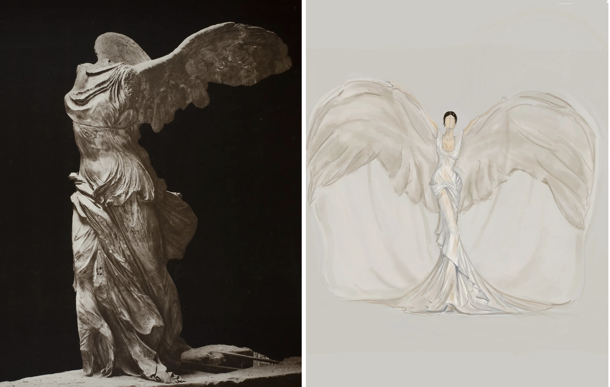 Zac Posens sketch voor Kendall Jenner naast Winged Victory of Samothrace