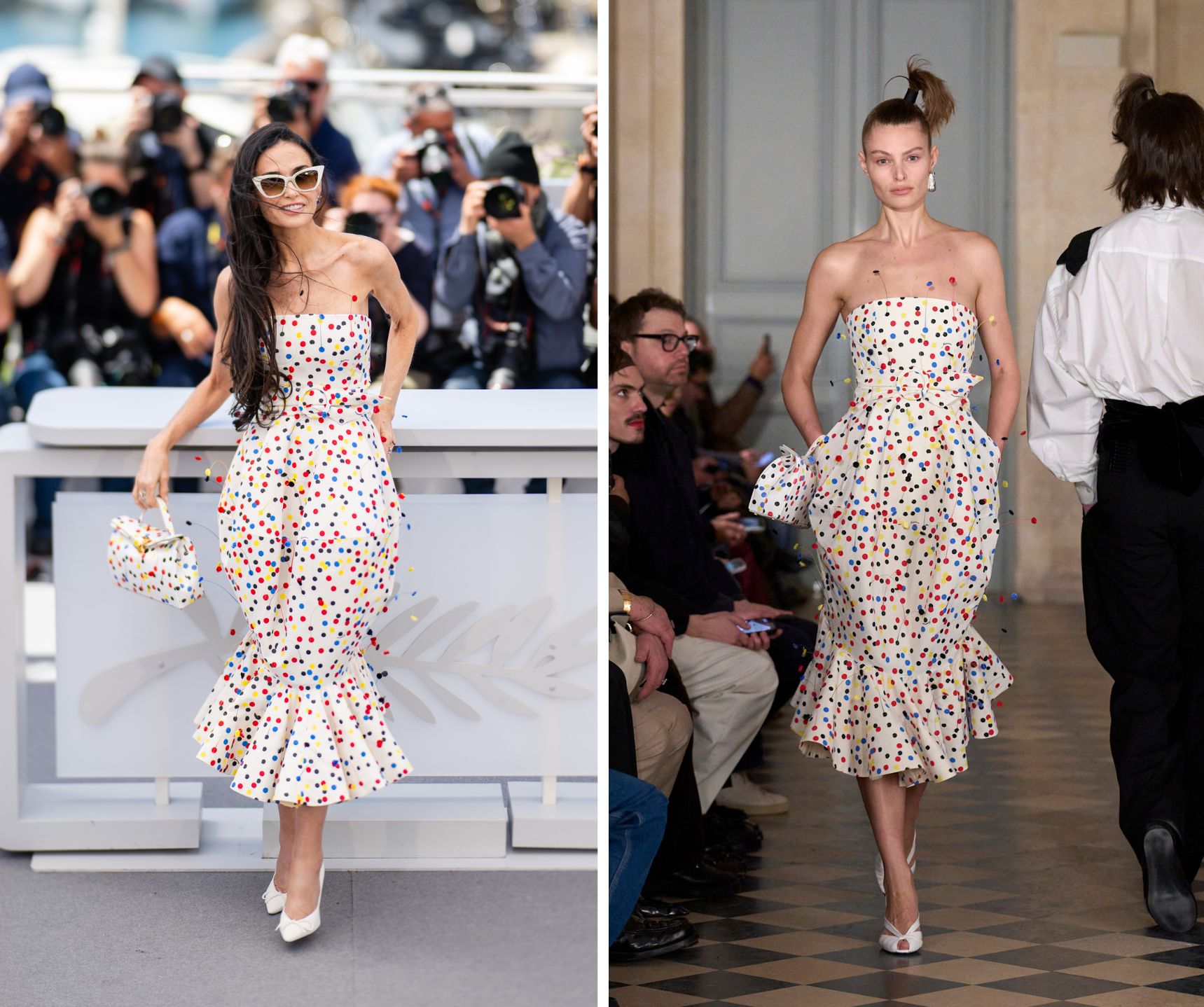 Demi Moore draagt confetti-look van Jacquemus naar het Cannes Film Festival 2026.