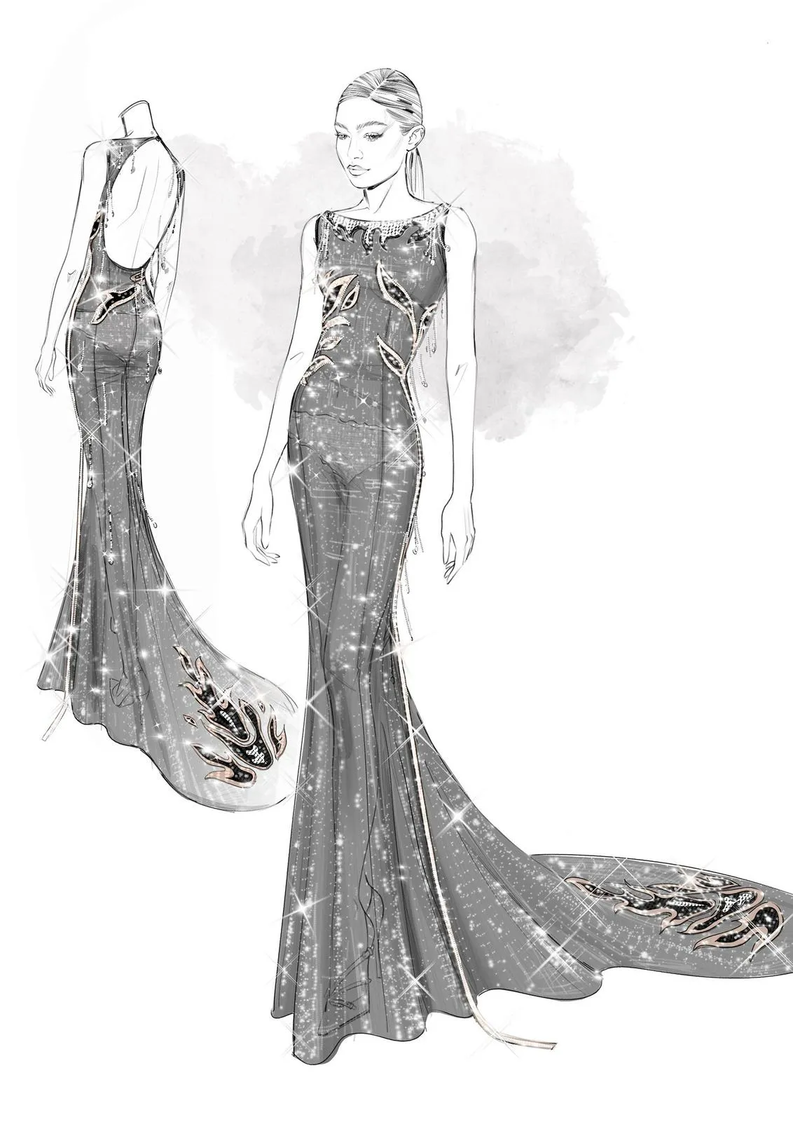 De schets van Miu Miu voor Gigi's Met Gala-look
