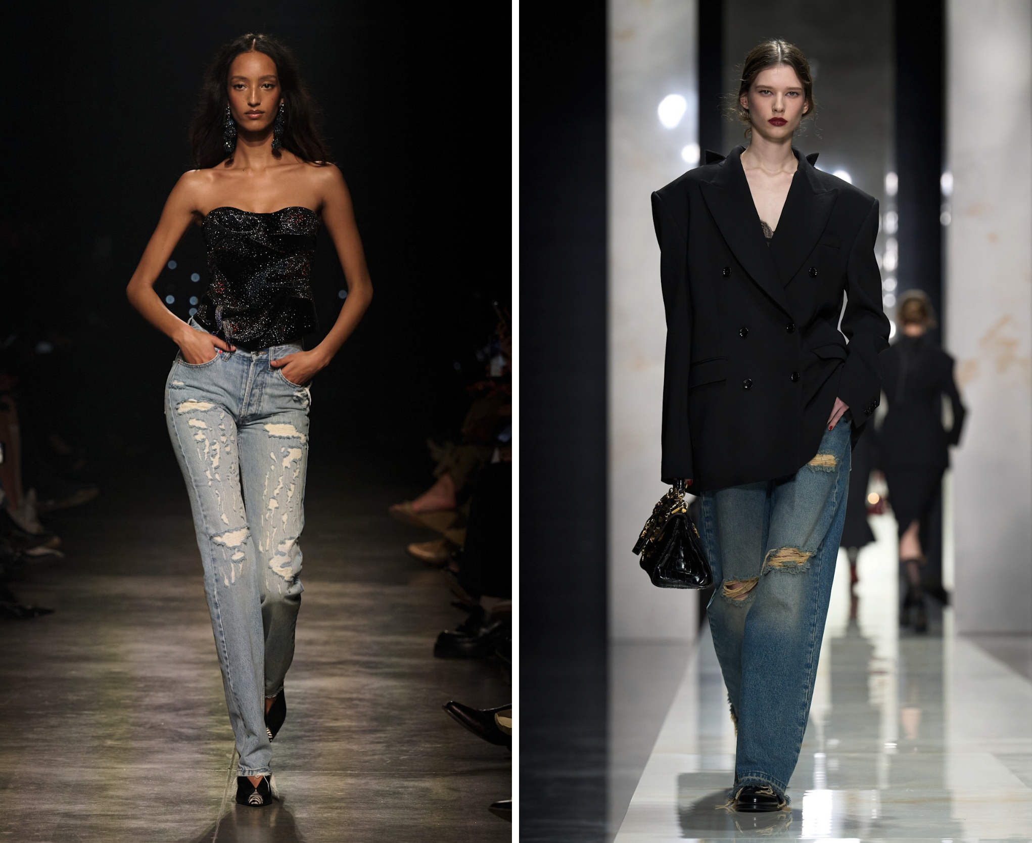 Ripped jeans bij Isabel Marant (links) en Dolce&Gabbana herfst/winter 2026