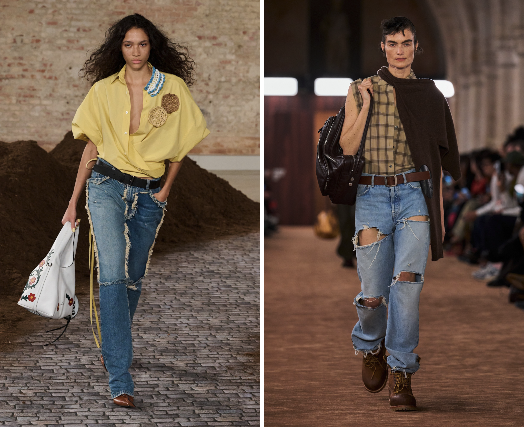 Ripped jeans bij Moschino herfst/winter 2026 (links) en Acne Studios lente/zomer 2026