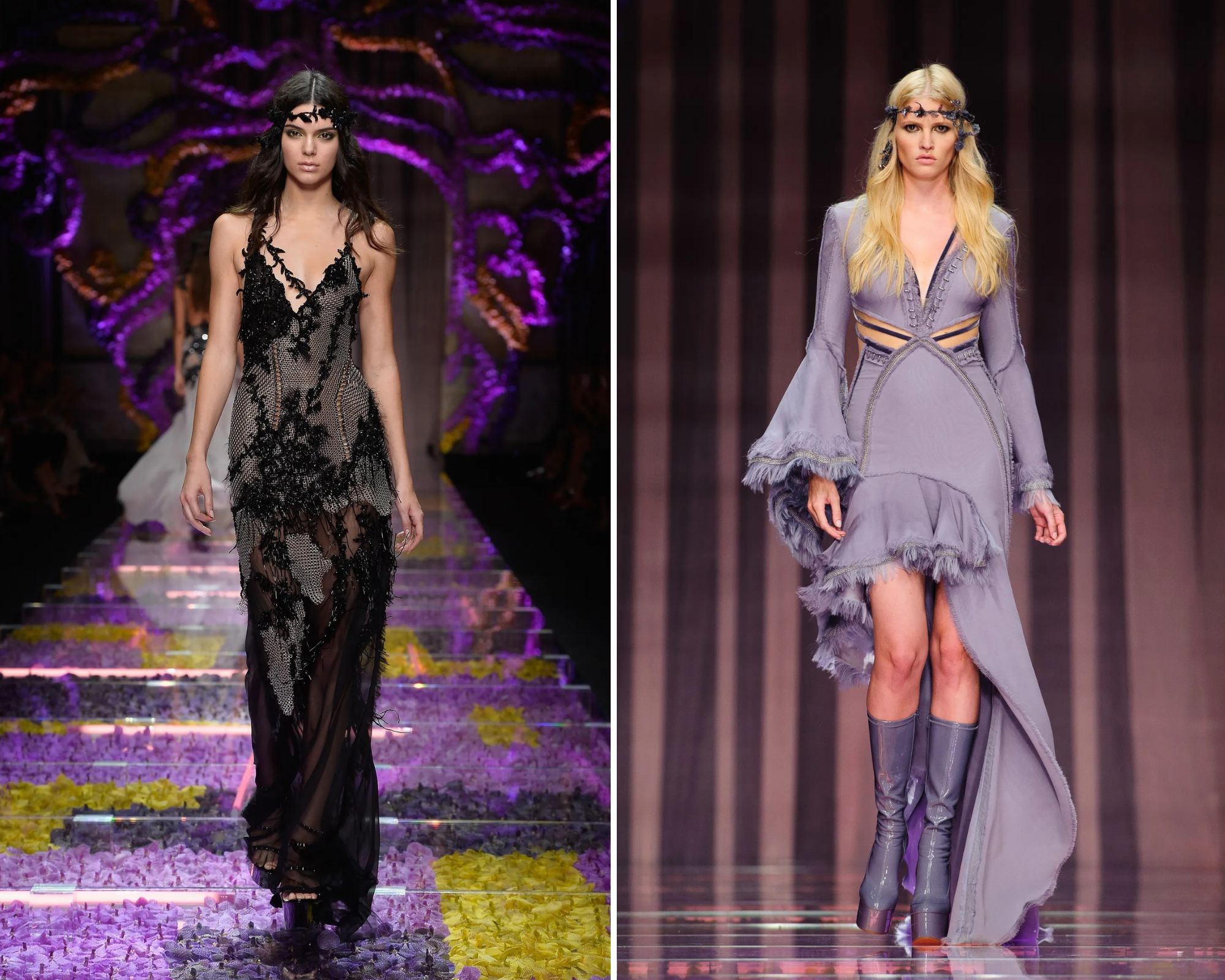 Kendall Jenner en Lara Stone op de catwalk van de Atelier Versace 2015/2016-show