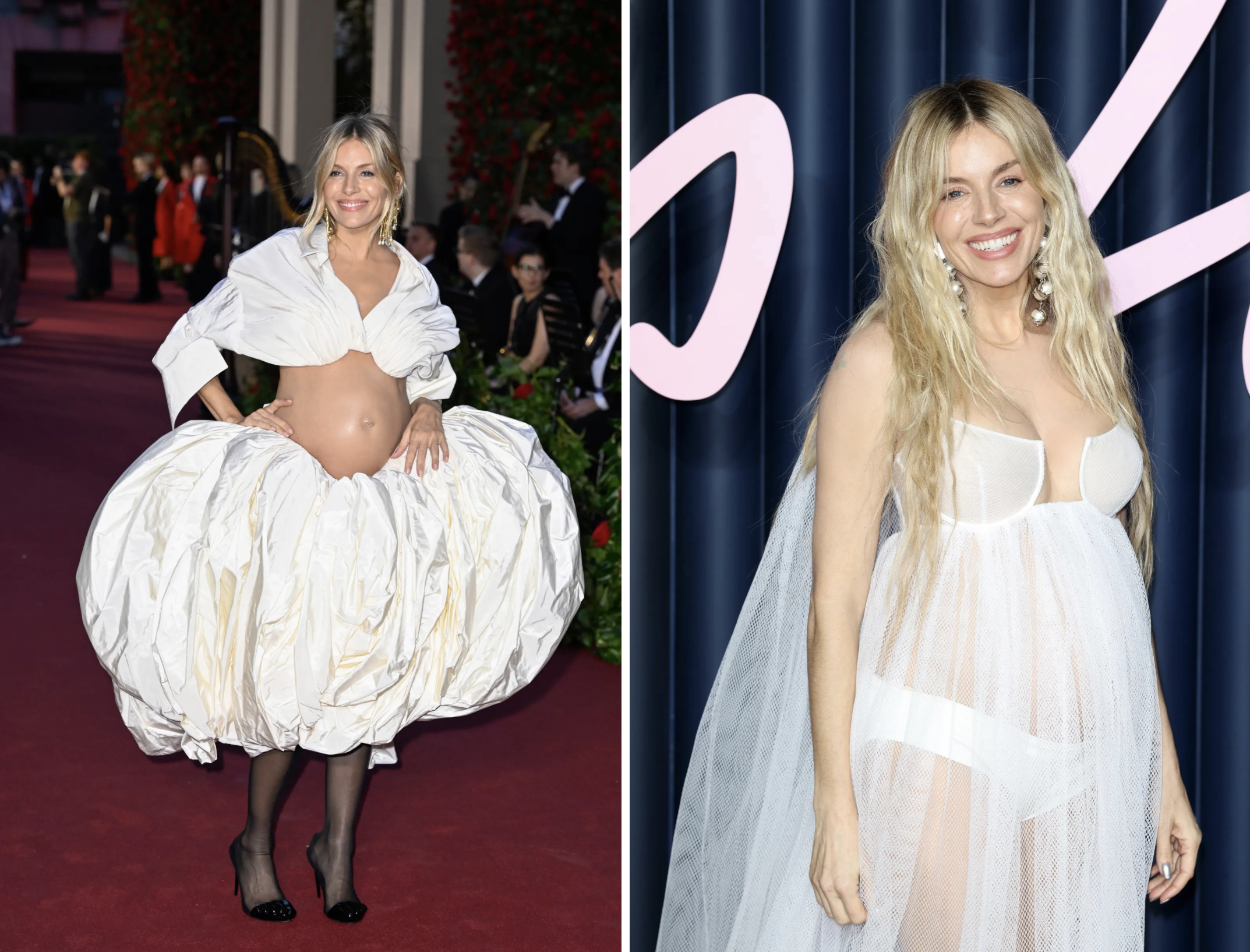 Sienna Miller's baby bump tijdens Vogue World 2023 en 2025 Fashion Awards in London