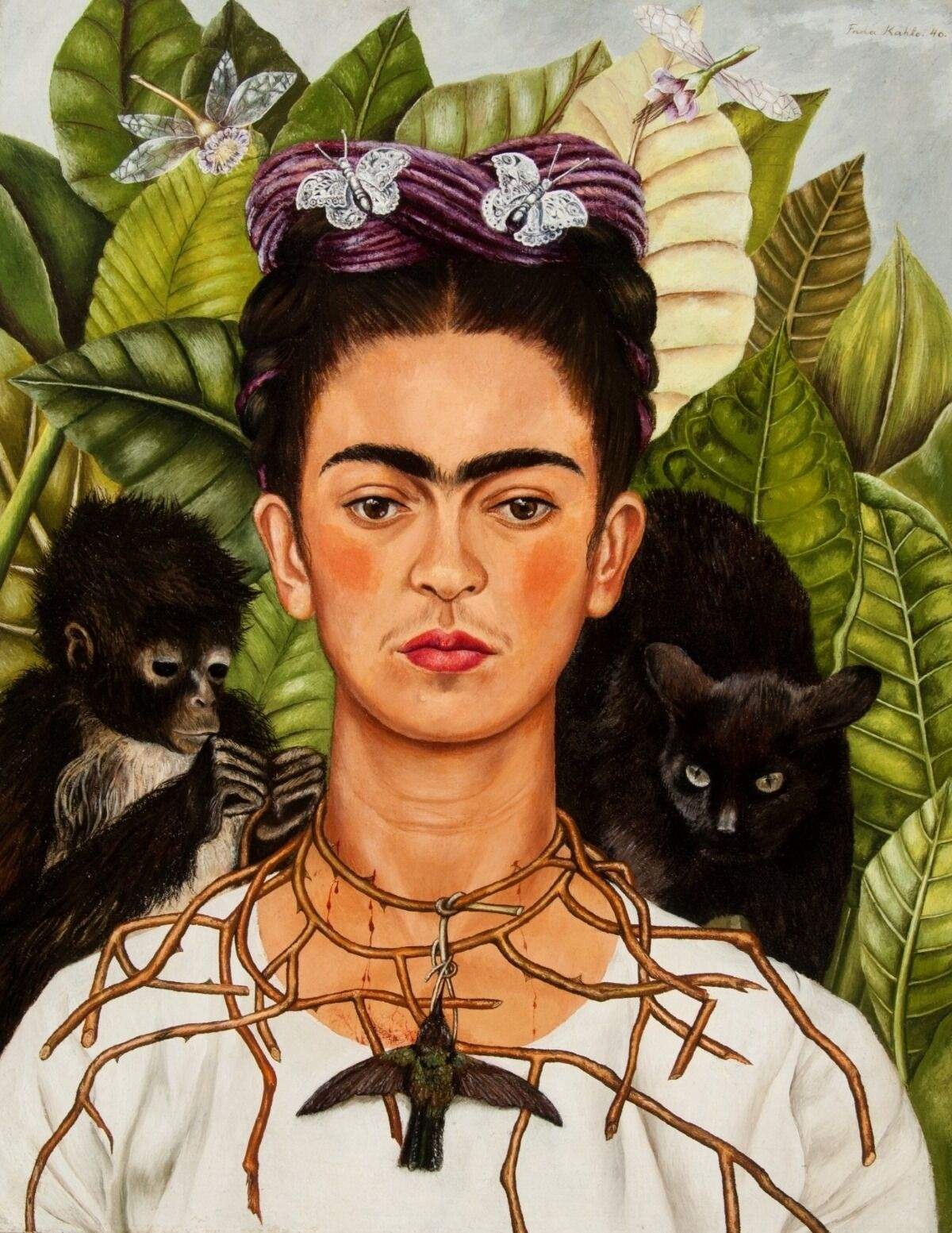 Frida Kahlo (Mexican, 1907–1954), Untitled [Self-portrait with thorn necklace and hummingbird], 1940. Oil on canvas mounted to board. Nickolas Muray Collection of Mexican Art, 66.6. Harry Ransom Center.