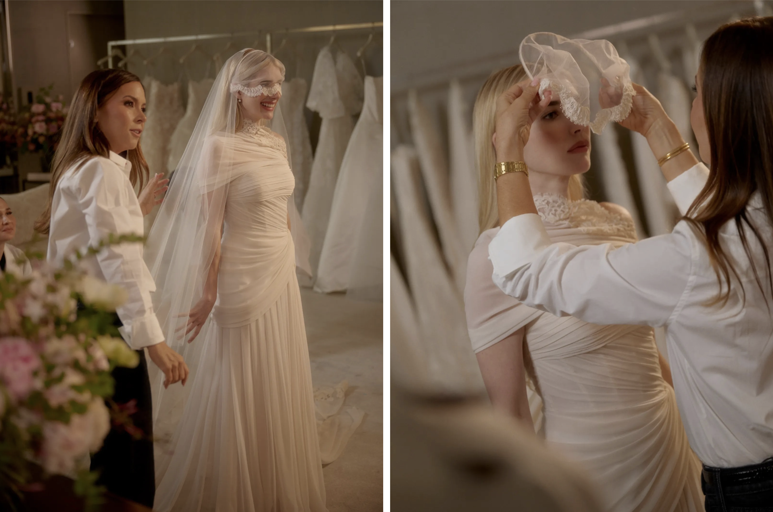Fitting bij Monique Lhuillier voor de bruiloft van Emma Roberts