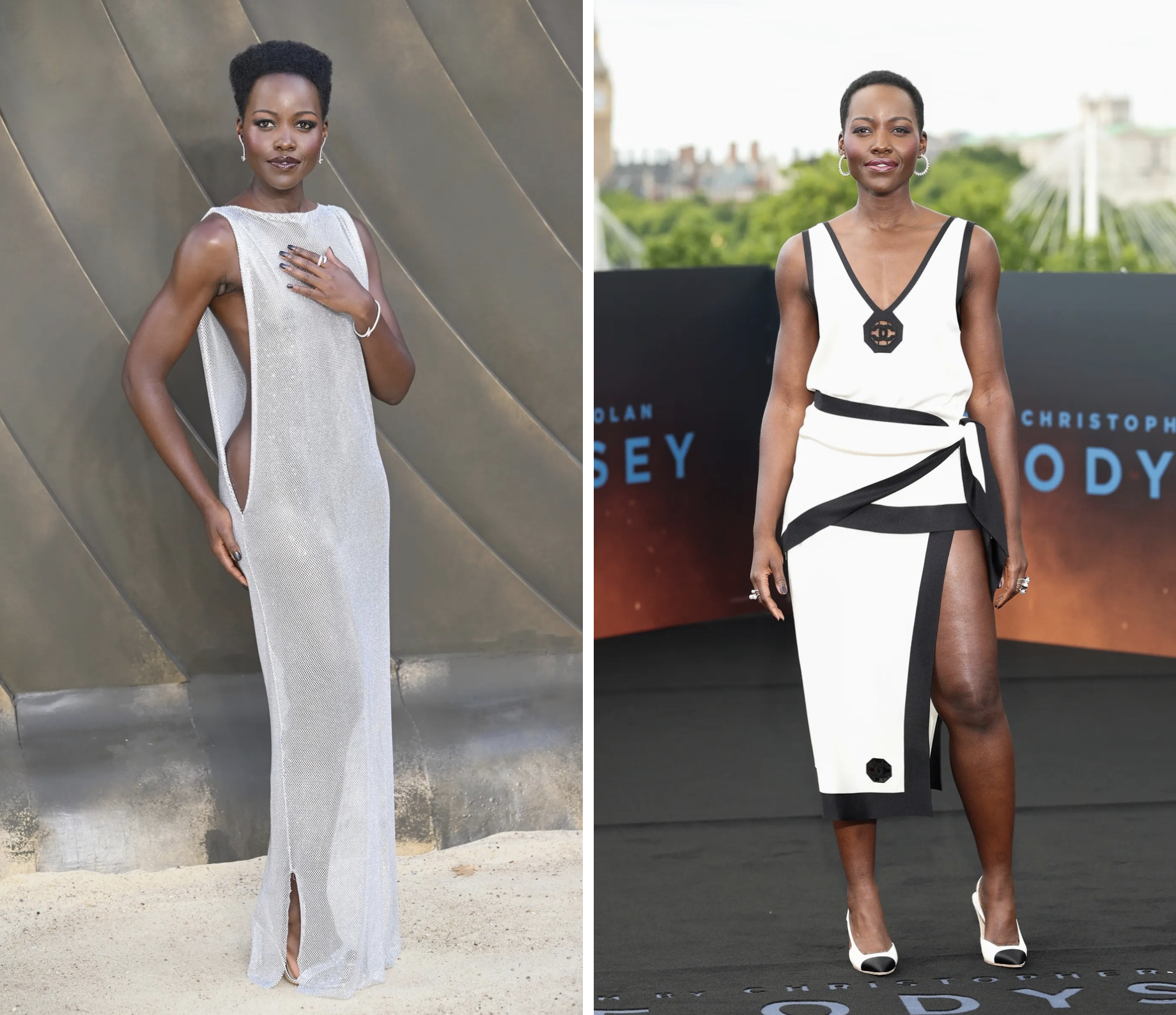 Lupita Nyong'o in Christian Cowan en Chanel voor The Odyssey perstour