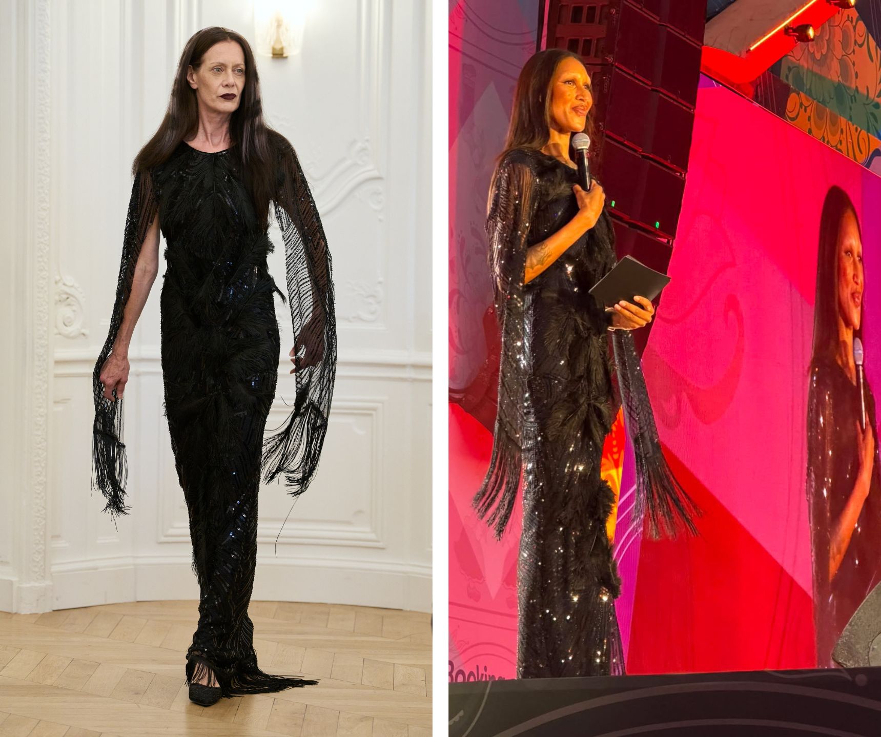 De jurk gedragen door Gia Bab op de herfst/winter 2026-runway van Peet Dullaert couture, en Gia Bab op het podium bij het WorldPride Unity Concert.