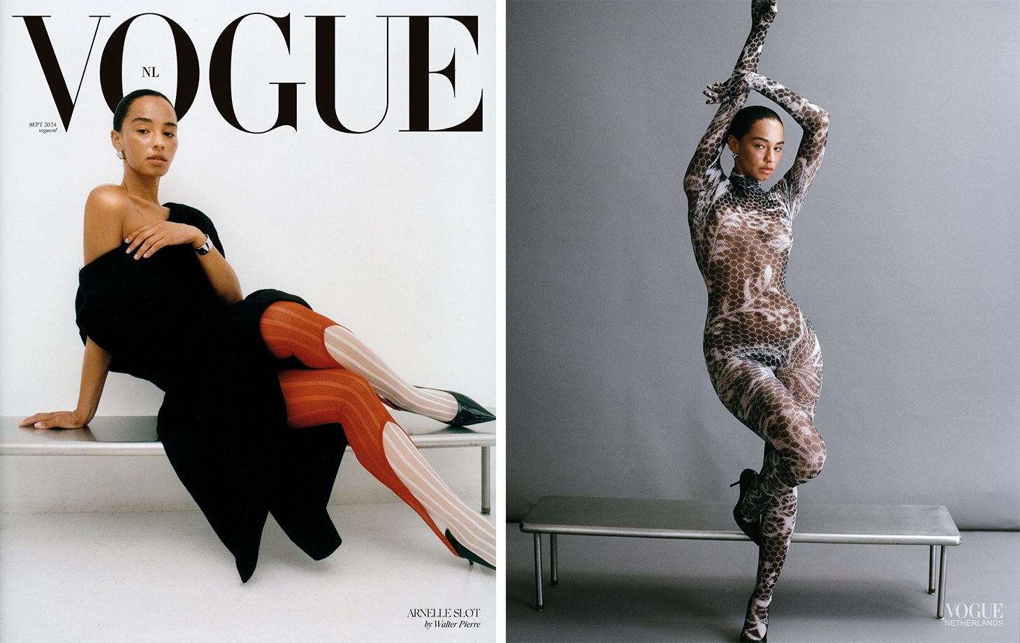 Model Arnelle Slot op de cover van het september 2024 issue van Vogue Nederland geschoten door Walter Pierre