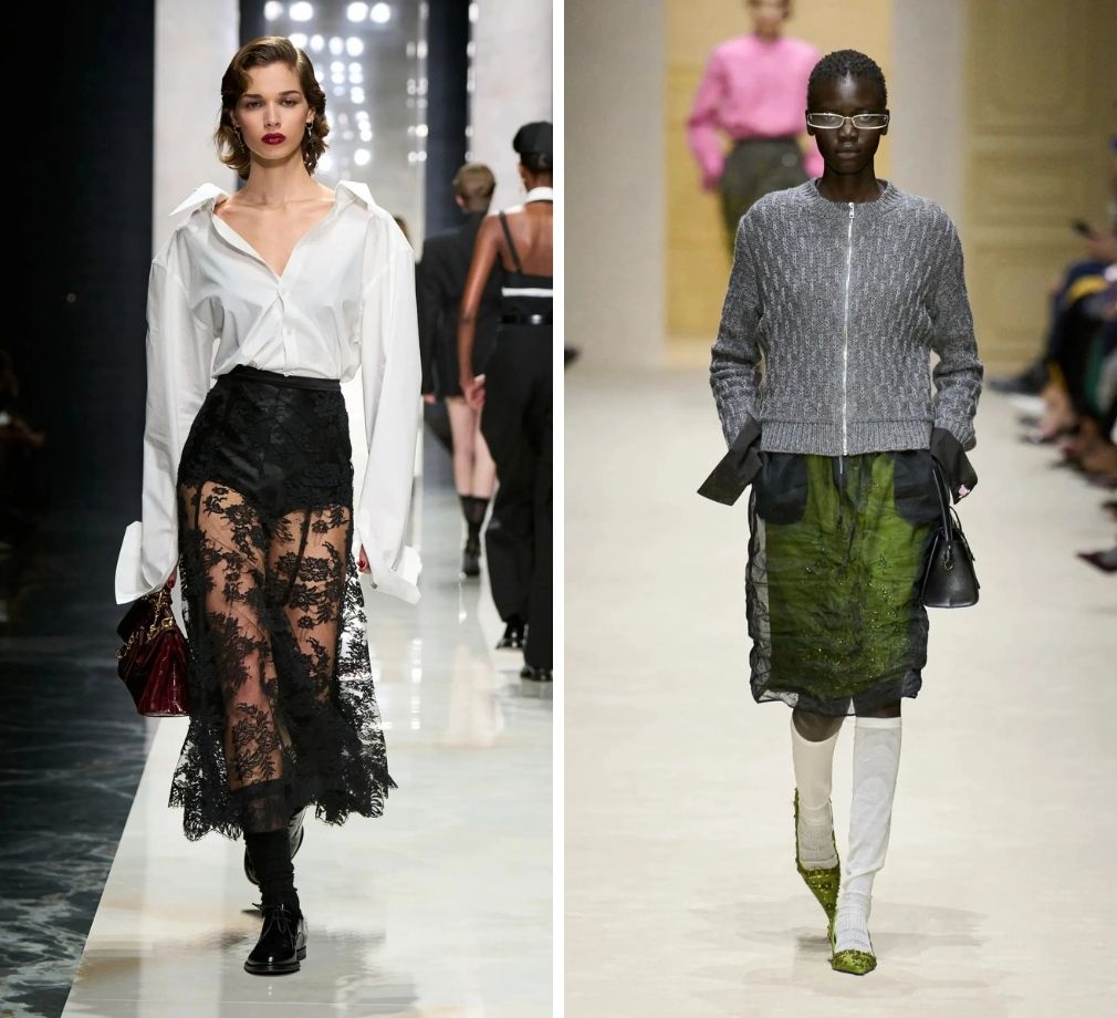 Modellen op de catwalk voor Dolce & Gabbana en Prada