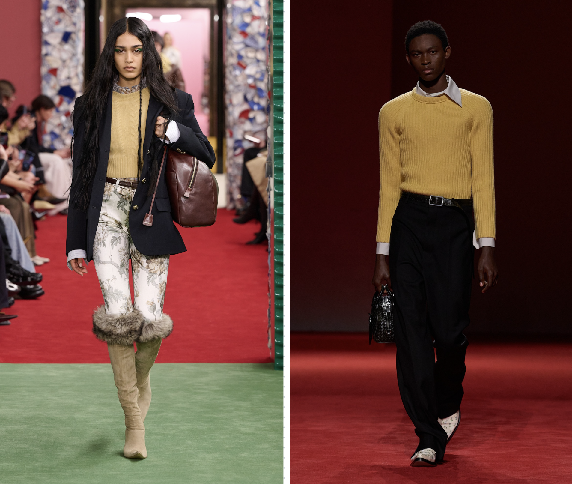 Gele trui bij Acne Studios en Bottega Veneta herfst/winter 2026