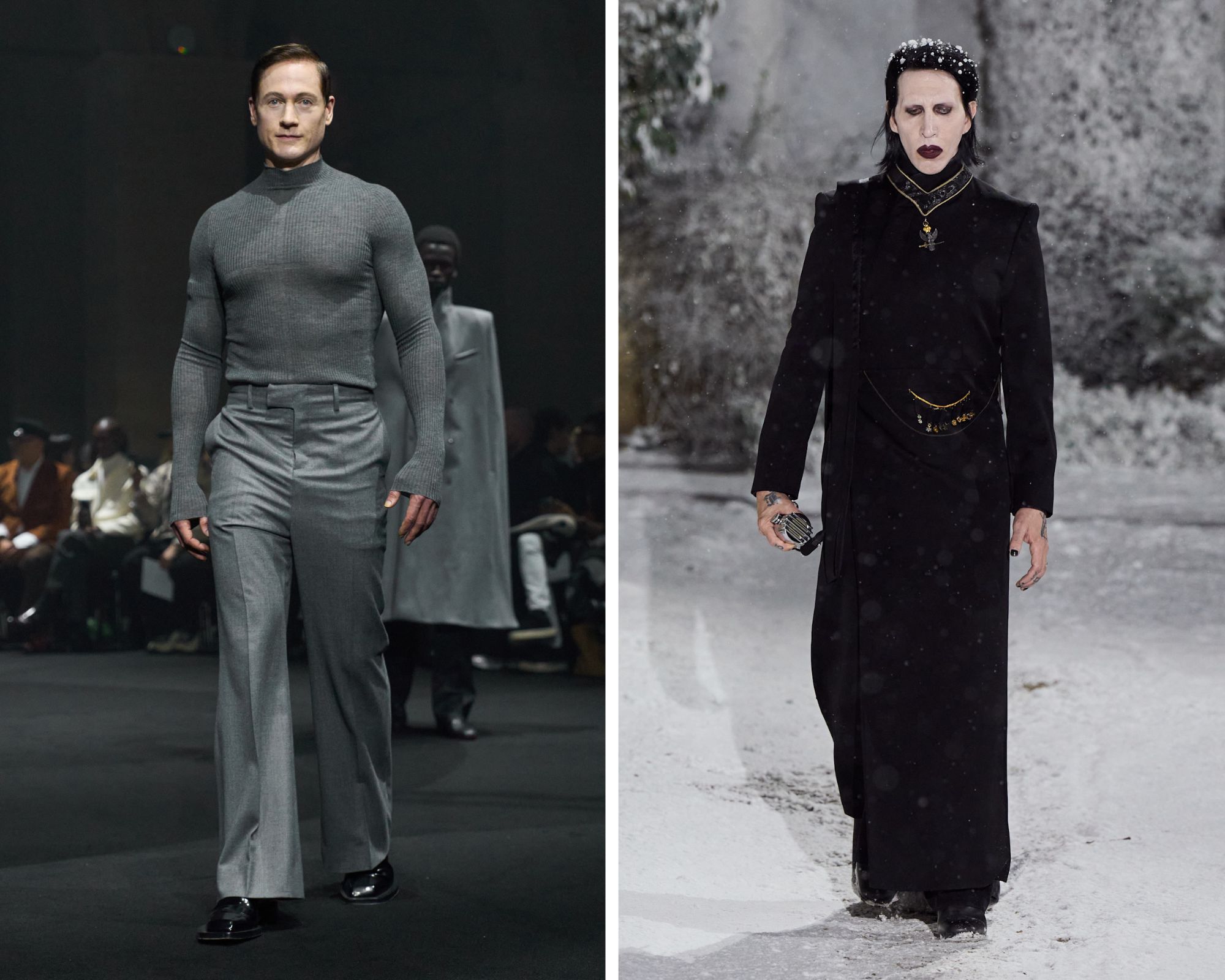Brian Johnson op de catwalk van Matière Fécales (links) en Marilyn Manson bij Enfants Riches Déprimés