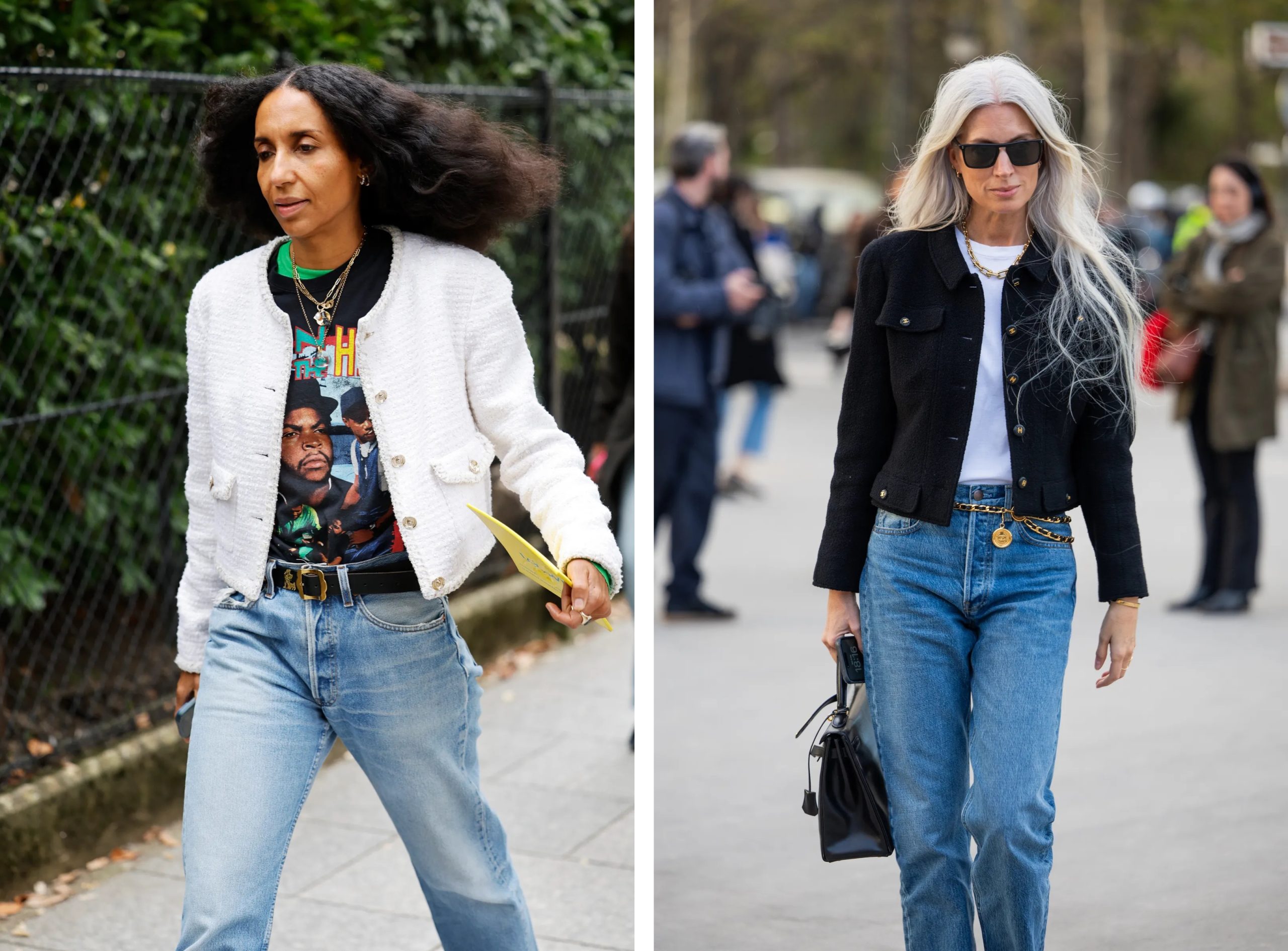 Street style met bouclé tweedjasjes op Paris Fashion Week