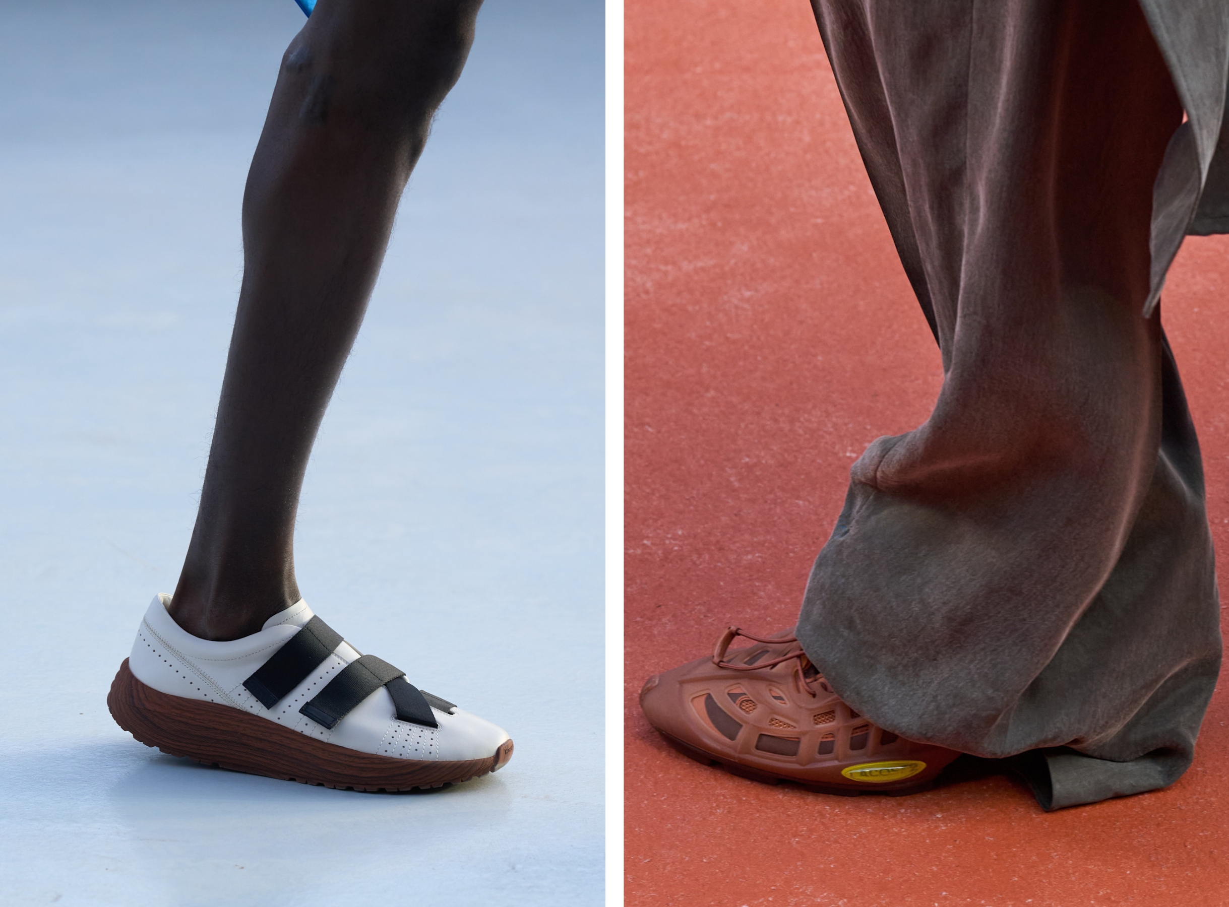 Sneakertrends 2027: Earthtoned sneakers op de runway bij Moschino + Lacoste SS27
