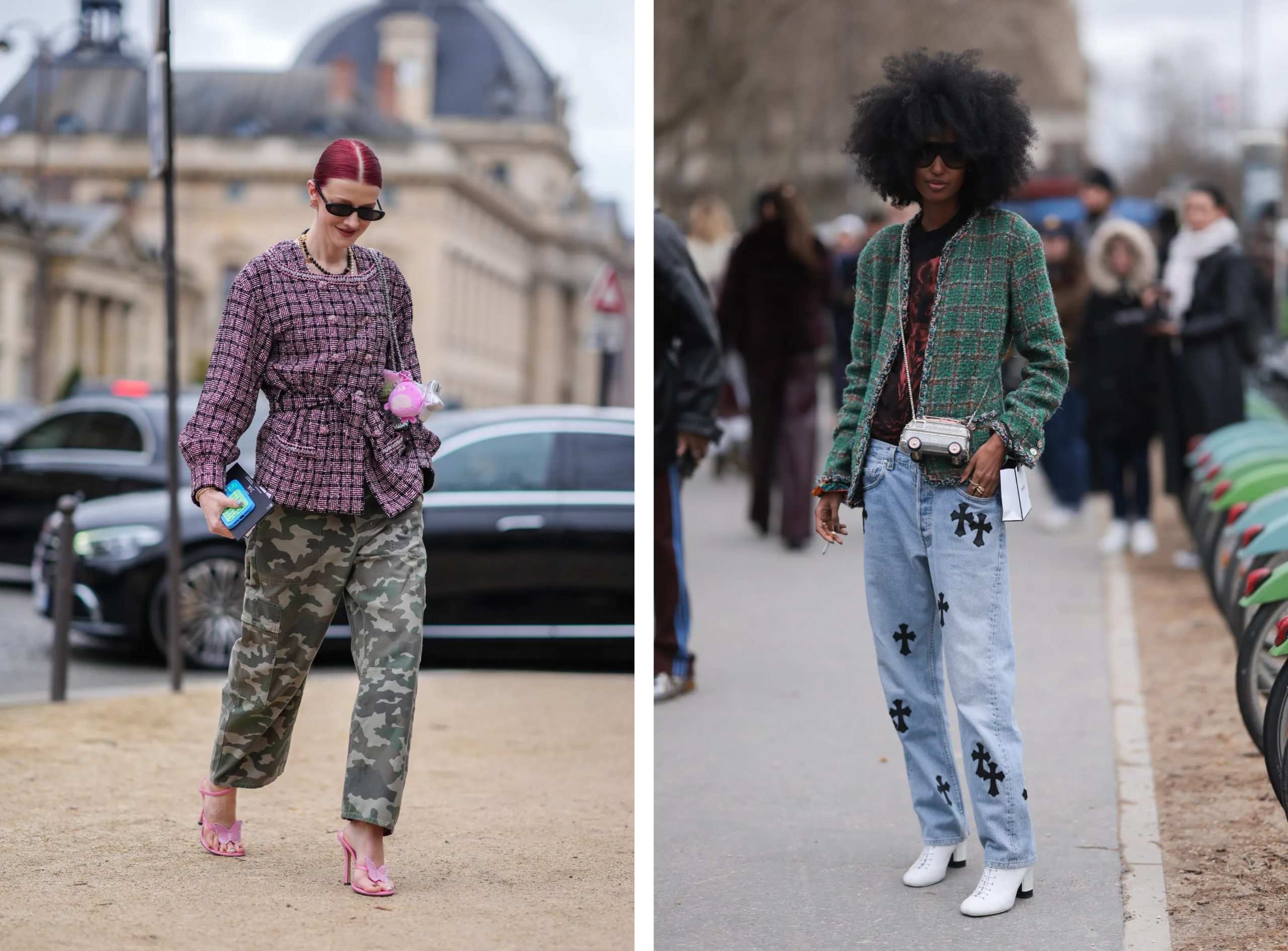 Street style met bouclé tweedjasjes op Paris Fashion Week