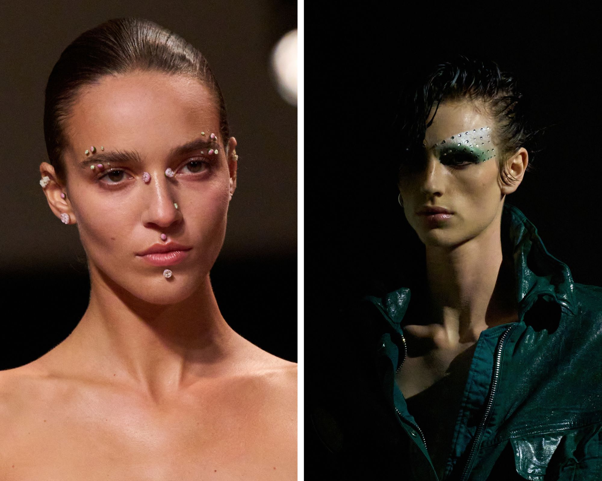 Modellen met face embellishments bij Elie Saab en The Attico lente/zomer 2027