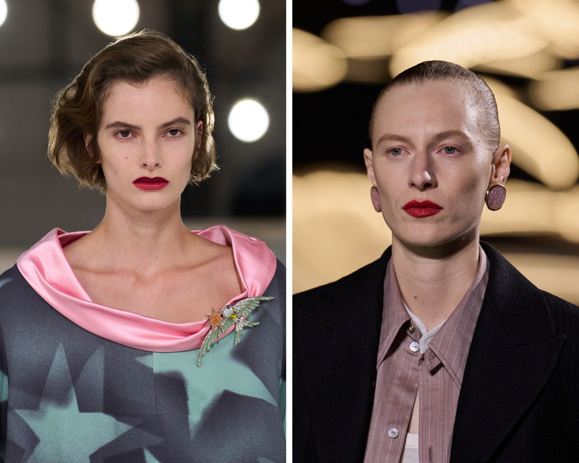 Modellen met rode lippen voor Dries van Noten en Chanel lente/zomer 2027